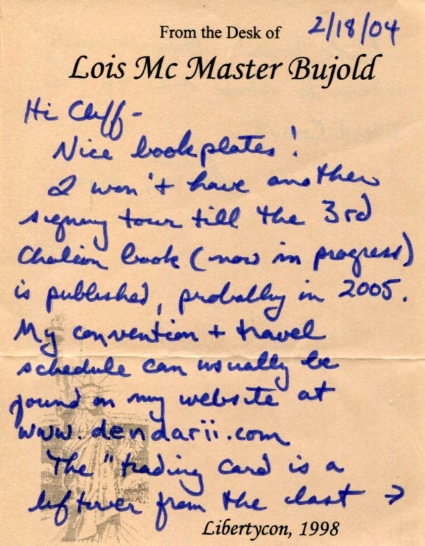 Lois McMaster Bujold The Mountains of Mourning Author Signed Autograph Note