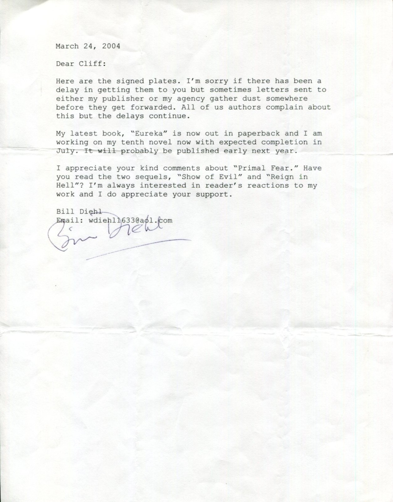 WILLIAM DIEHL PRIMAL FEAR SHARKY’S MACHINE AUTHOR SIGNED AUTOGRAPH LETTER COLLECTIBLE MEMORABILIA