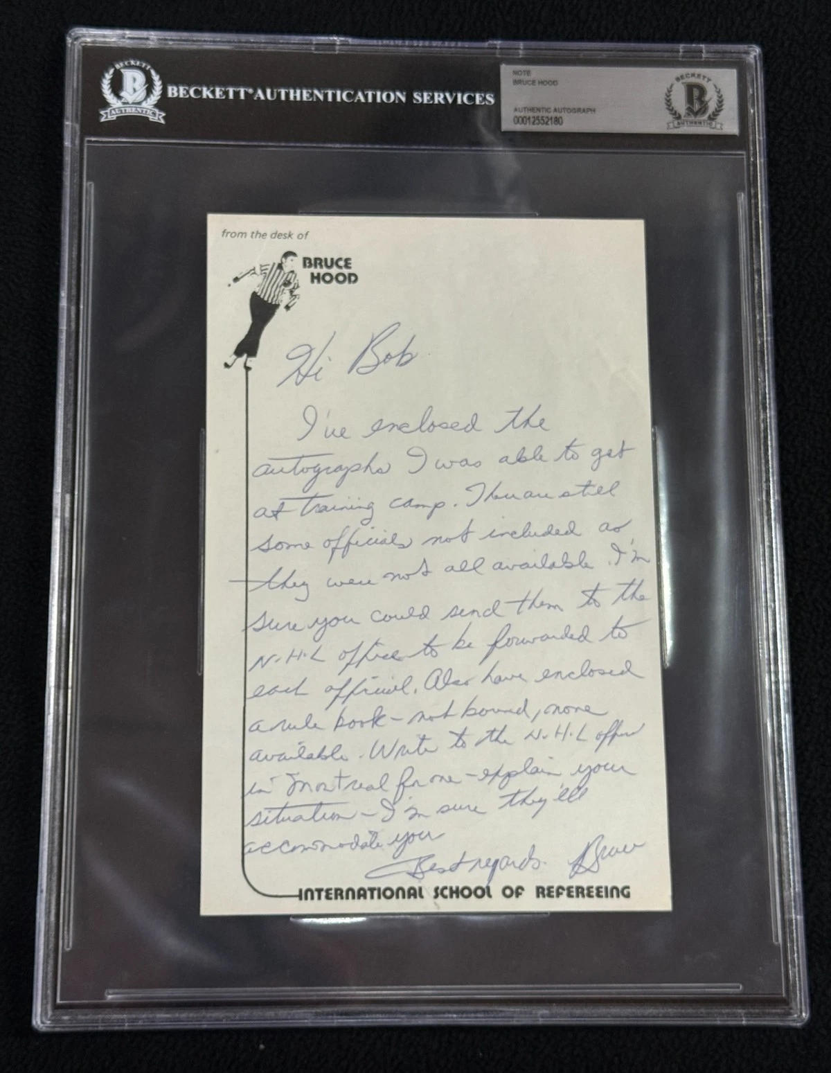Bruce Hood NHL Referee Signed Handwritten Note Beckett Certified Encapsuated