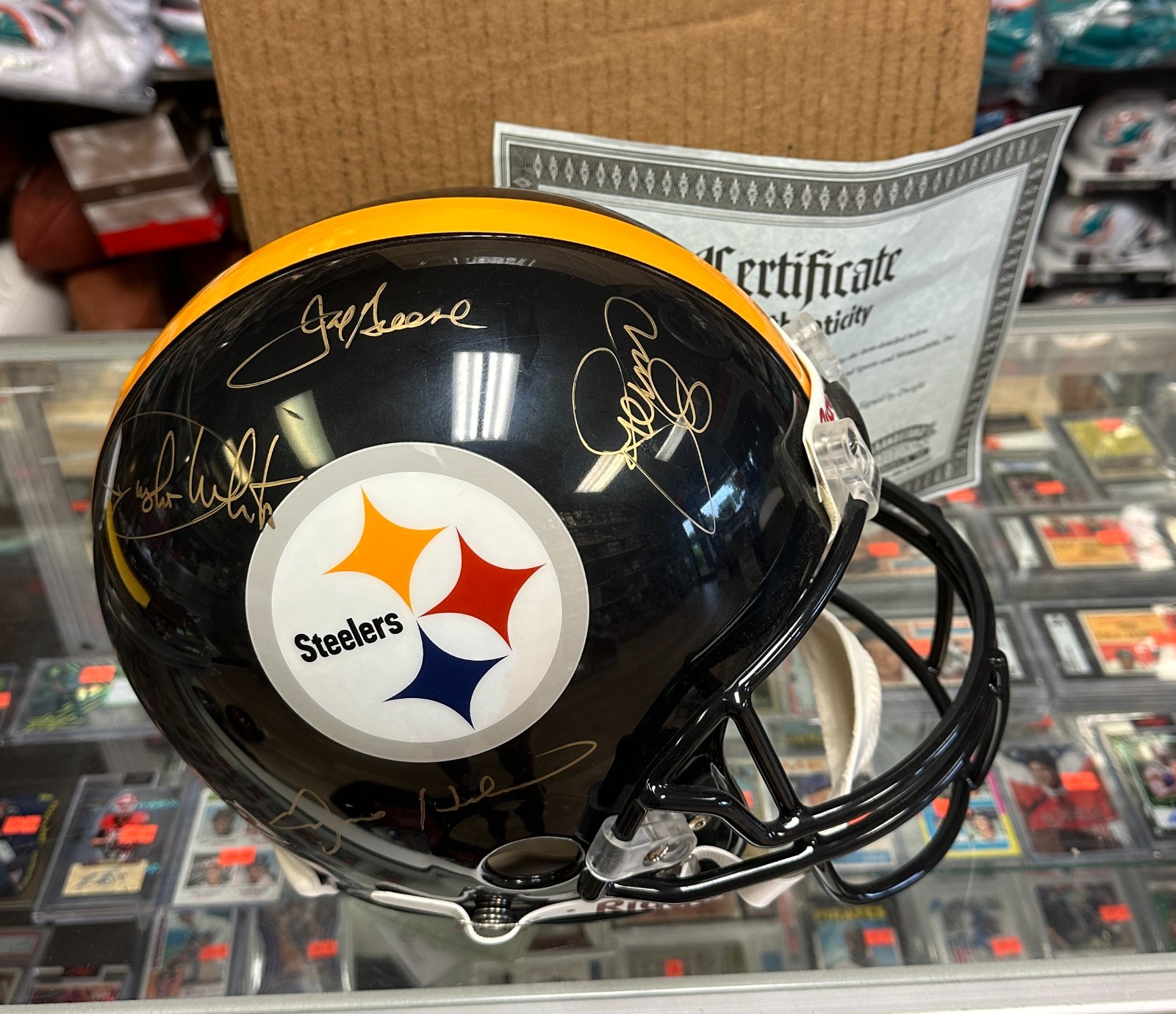 STEEL CURTAIN STEELERS SIGNED AUTO FULL SIZE BLACK HELMET INSCRBD GRANDSTAND COA