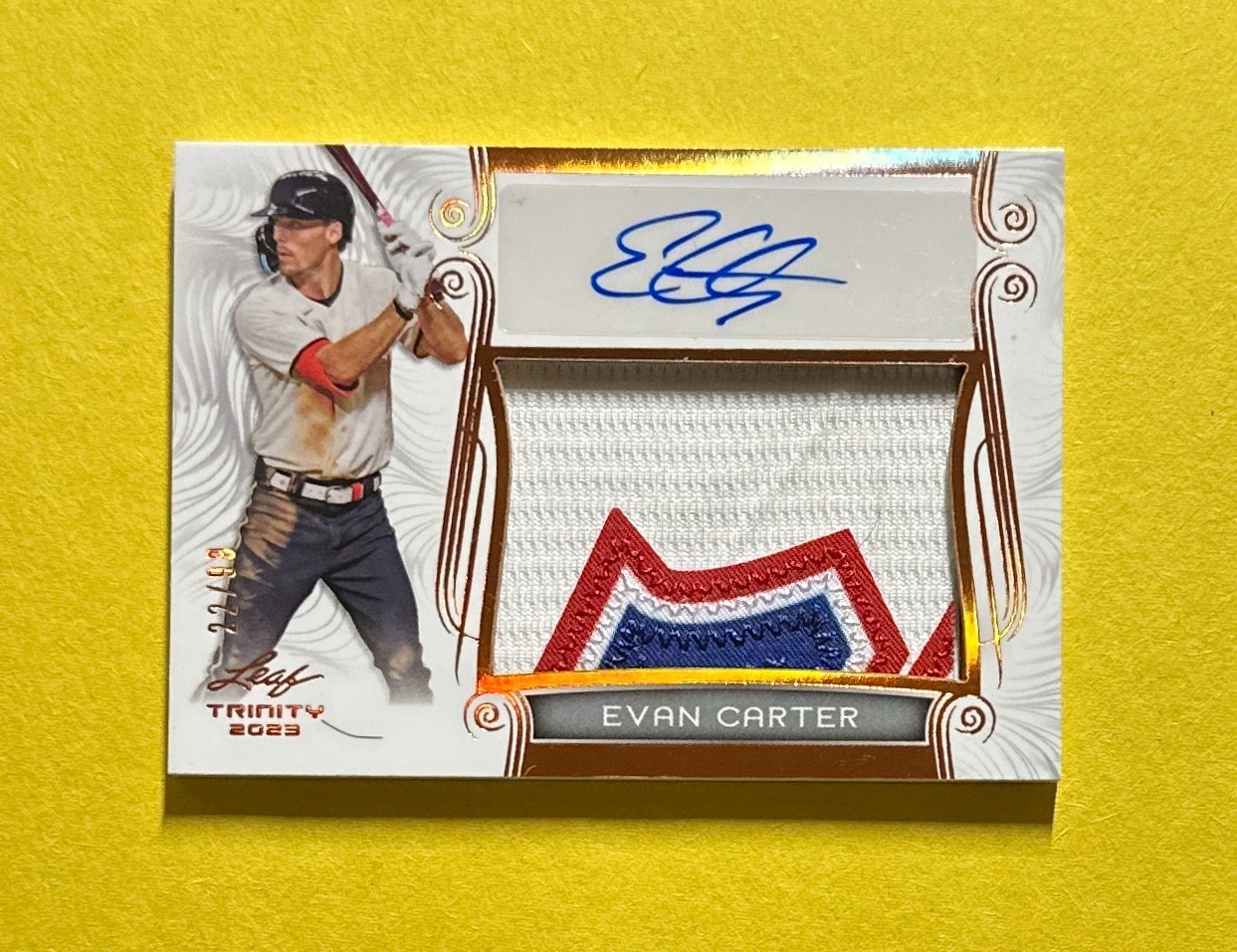 2023 LEAF TRINITY EVAN CARTER PATCH AUTO /99 #PA-EC2 RANGERS