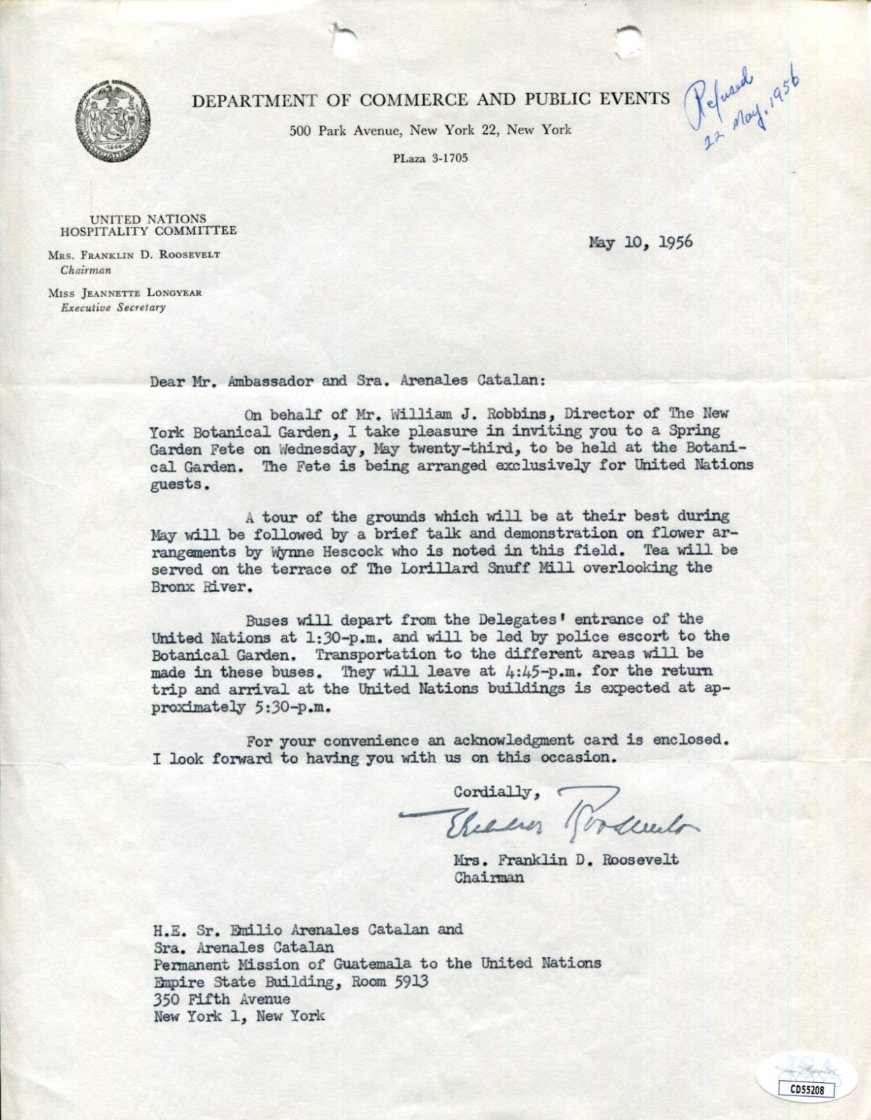 Eleanor Roosevelt US 1st Lady President Franklin FDR Signed Autograph Letter JSA