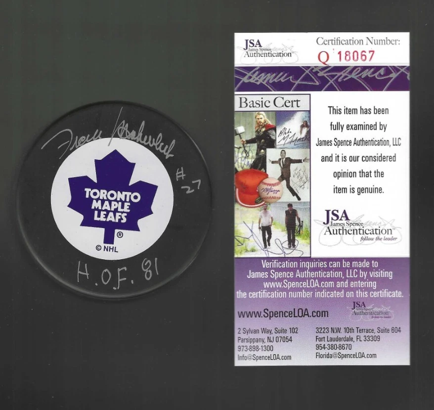 Frank Mahovlich Signed & Inscribed Toronto Maple Leafs Trench Puck JSA COA