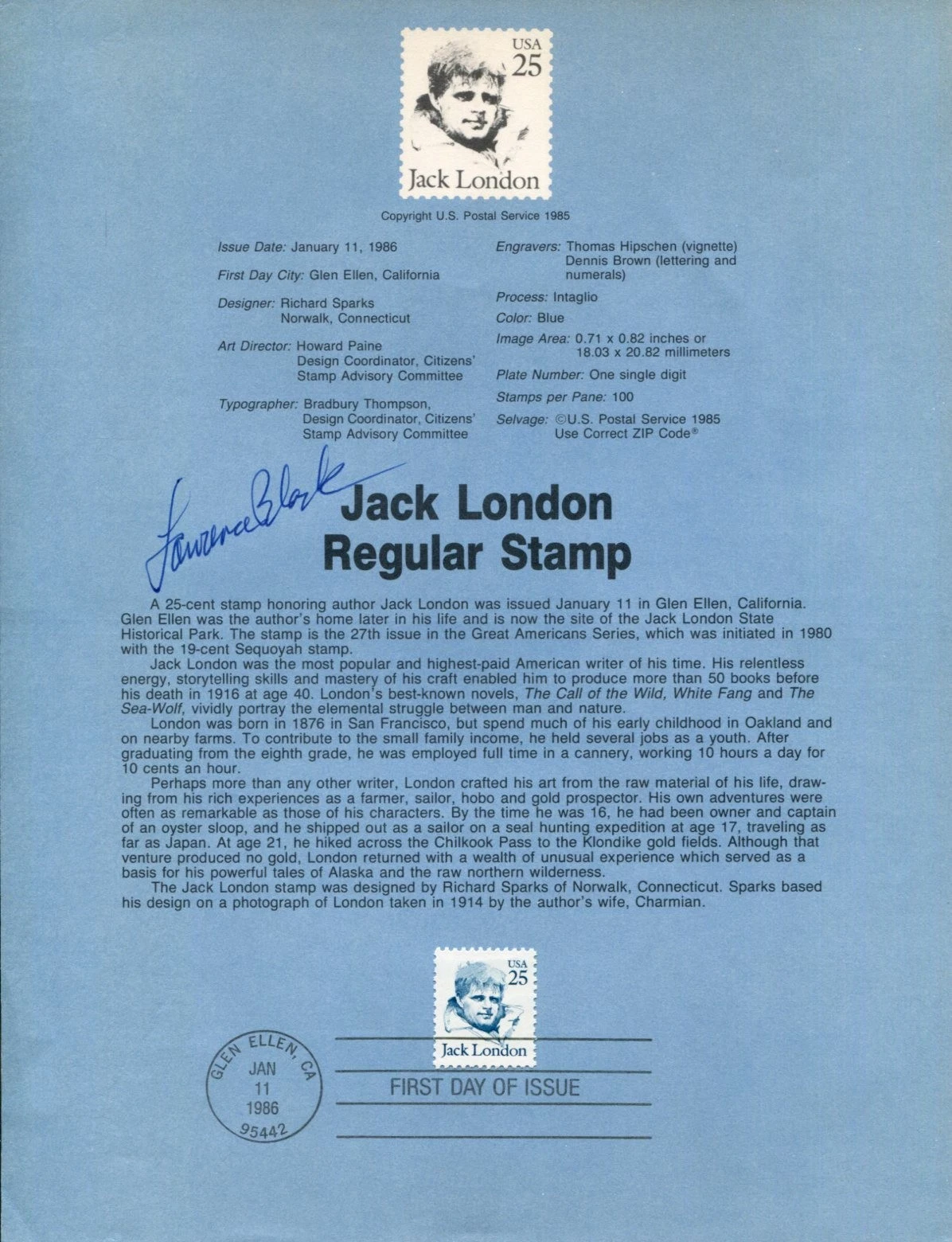 Lawrence Block Famous Mystery Author Signed Autograph FDC Sheet