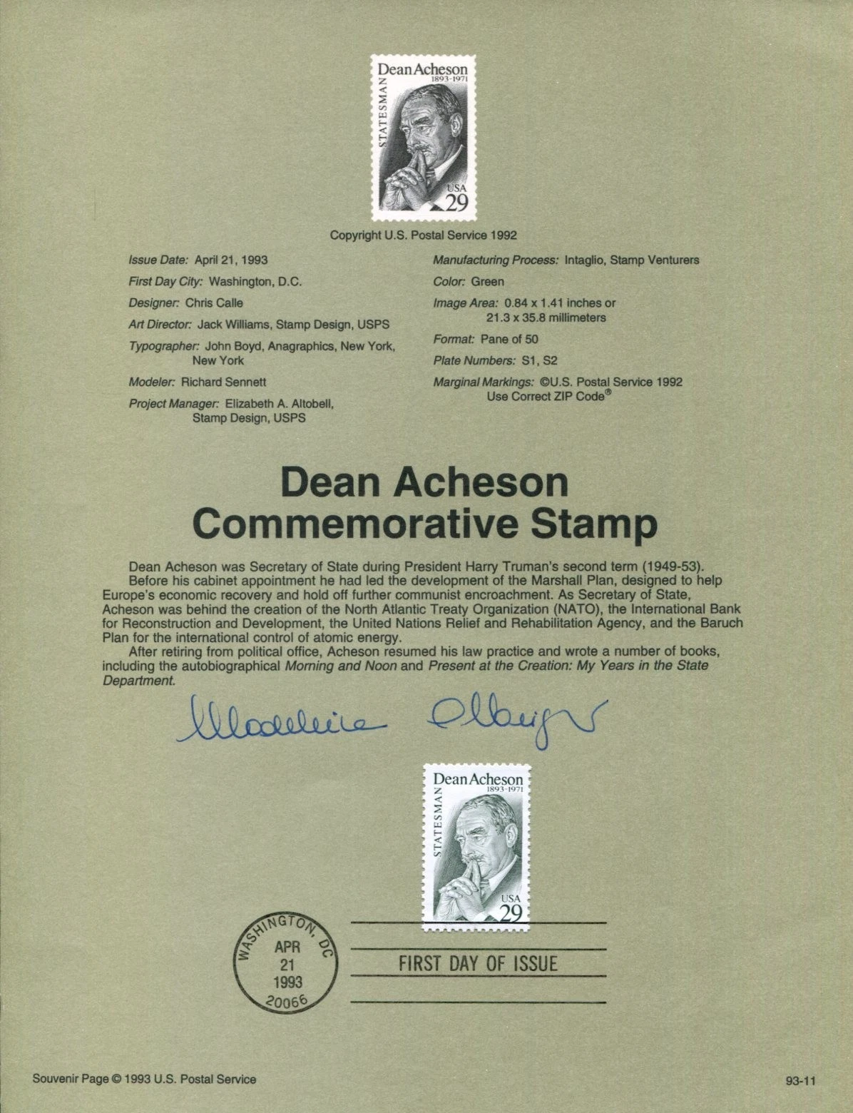 Madeleine Albright 1st Women Secretary of State Signed Autograph FDC Sheet