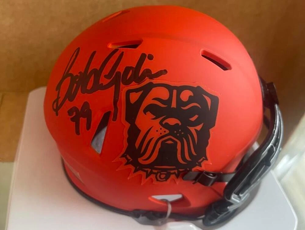 BOB GOLIC BROWNS #79 SIGNED AUTOGRAPHED RAVE MINI HELMET  JSA AUTH