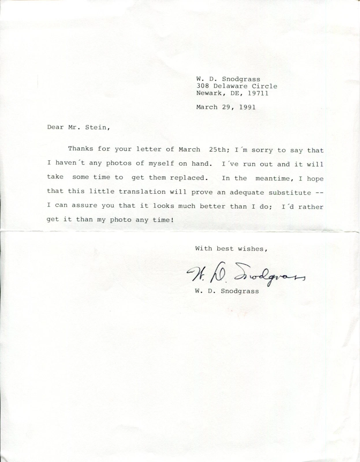 W. D. Snodgrass Pulitzer Prize Poet Heart's Needle Signed Autograph Letter