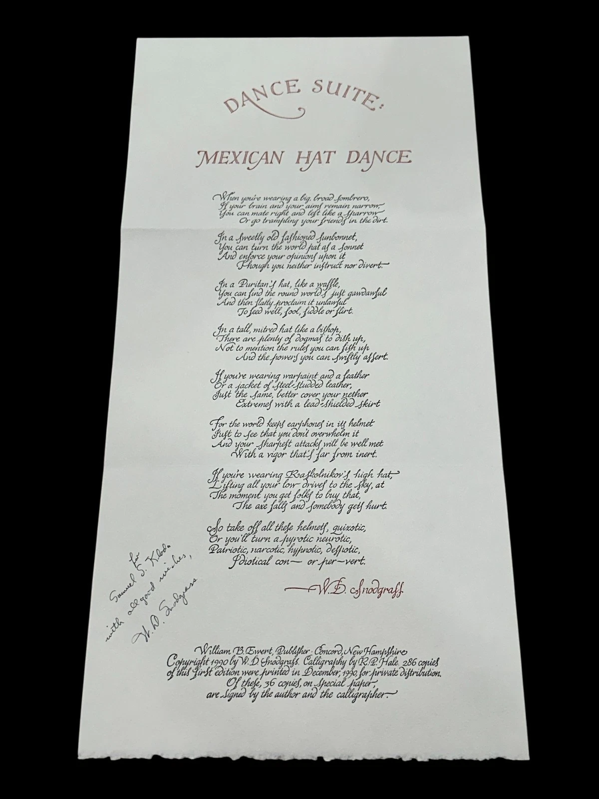 W. D. Snodgrass Pulitzer Prize Poet Signed Autograph Poem Mexican Hat Dance