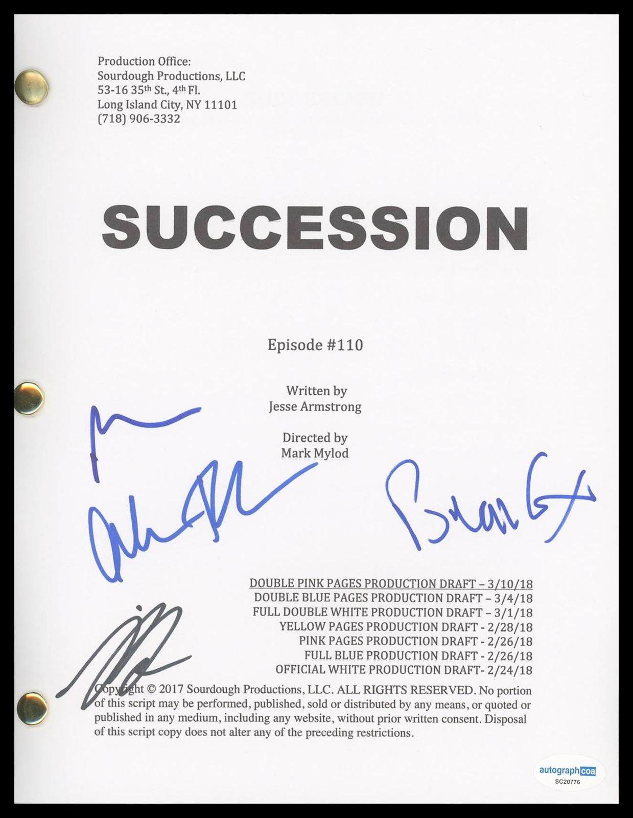 “SUCCESSION” AUTOGRAPHS SIGNED ‘NOBODY IS EVER MISSING’ SCRIPT – BRIAN COX +3 COLLECTIBLE MEMORABILIA