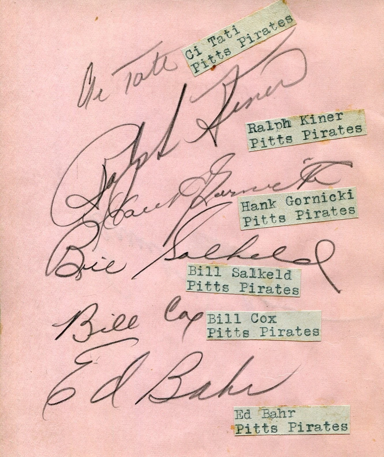 Al Tate Ralph Kiner Billy Cox 1940s Pittsburgh Pirates Plus 4 Signed Autograph