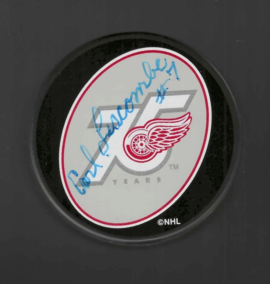 Carl Liscombe Signed Detroit Red Wings 75th Anniversary Puck Beckett COA