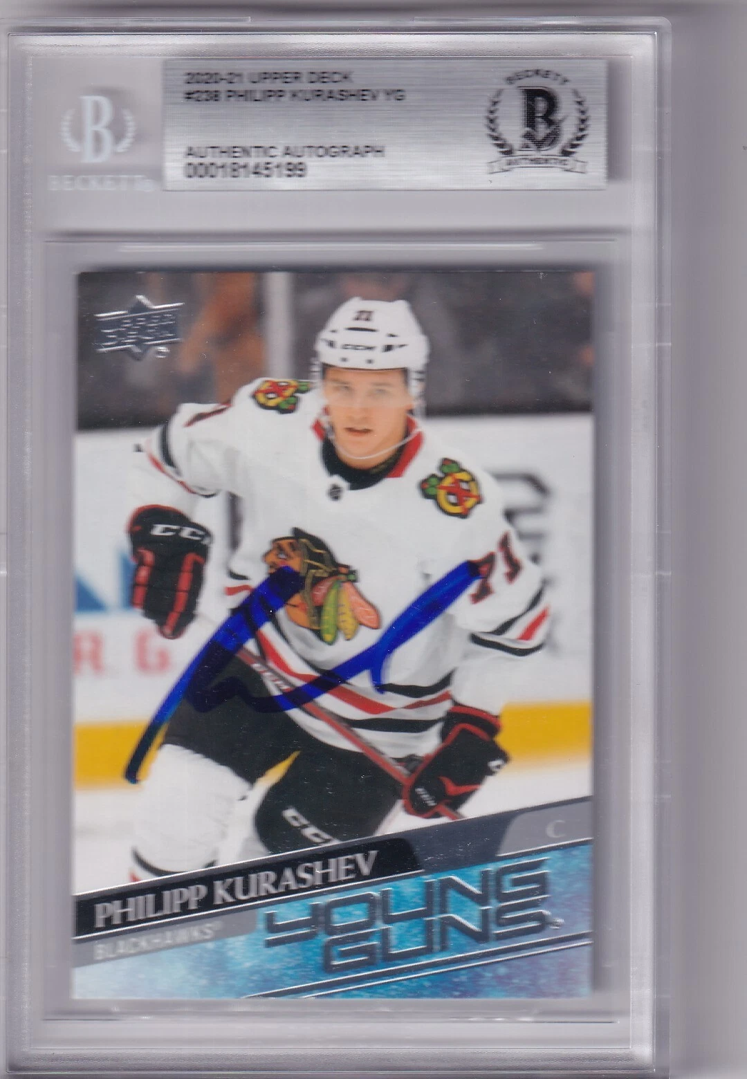 PHILIPP KURASHEV signed 20-21 UD YG RC card *BLACKHAWKS* BECKETT 00018145199