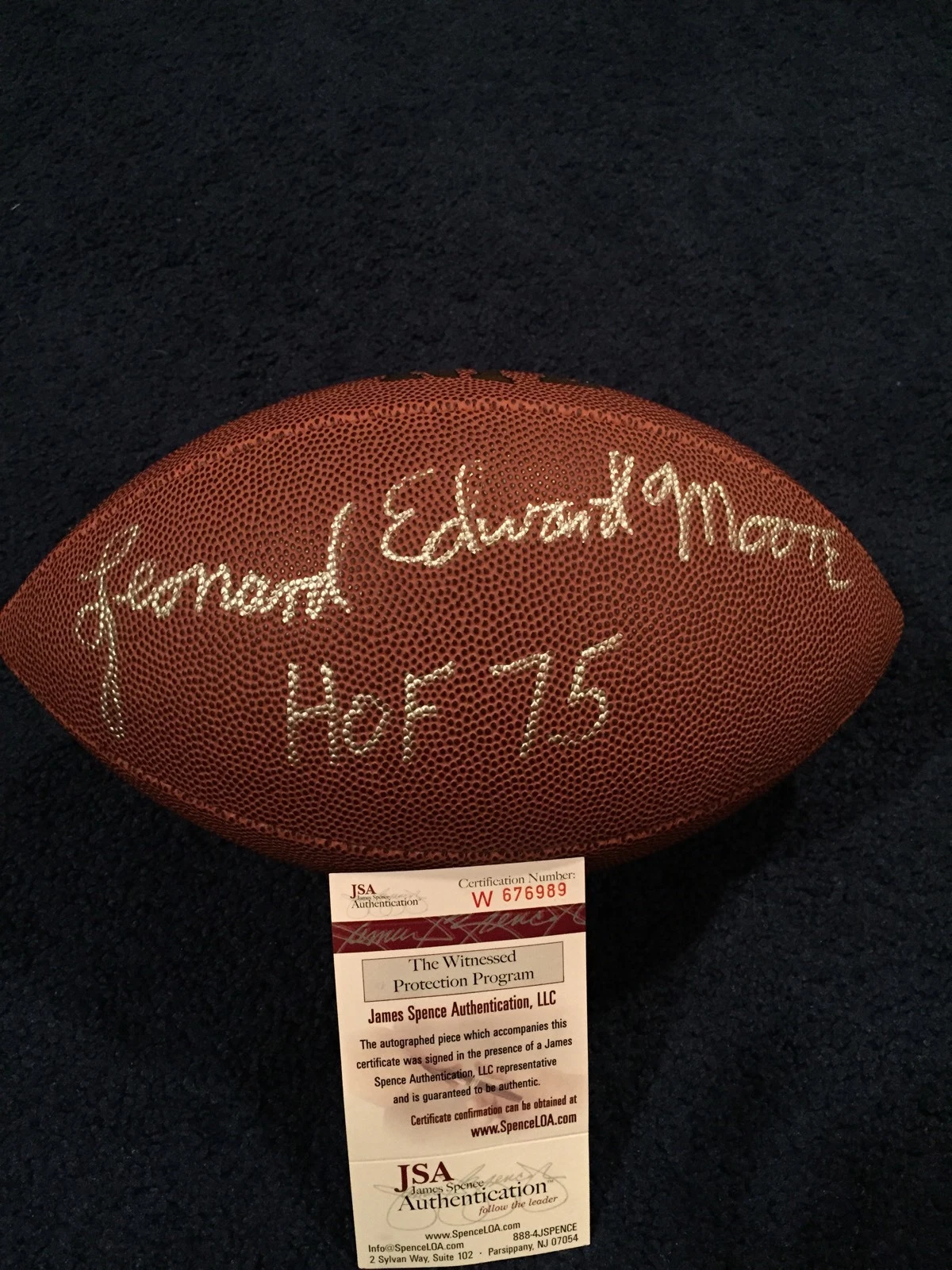 Leonard Edward Moore Signed Full Size Football JSA, Colts With Full Name Lenny