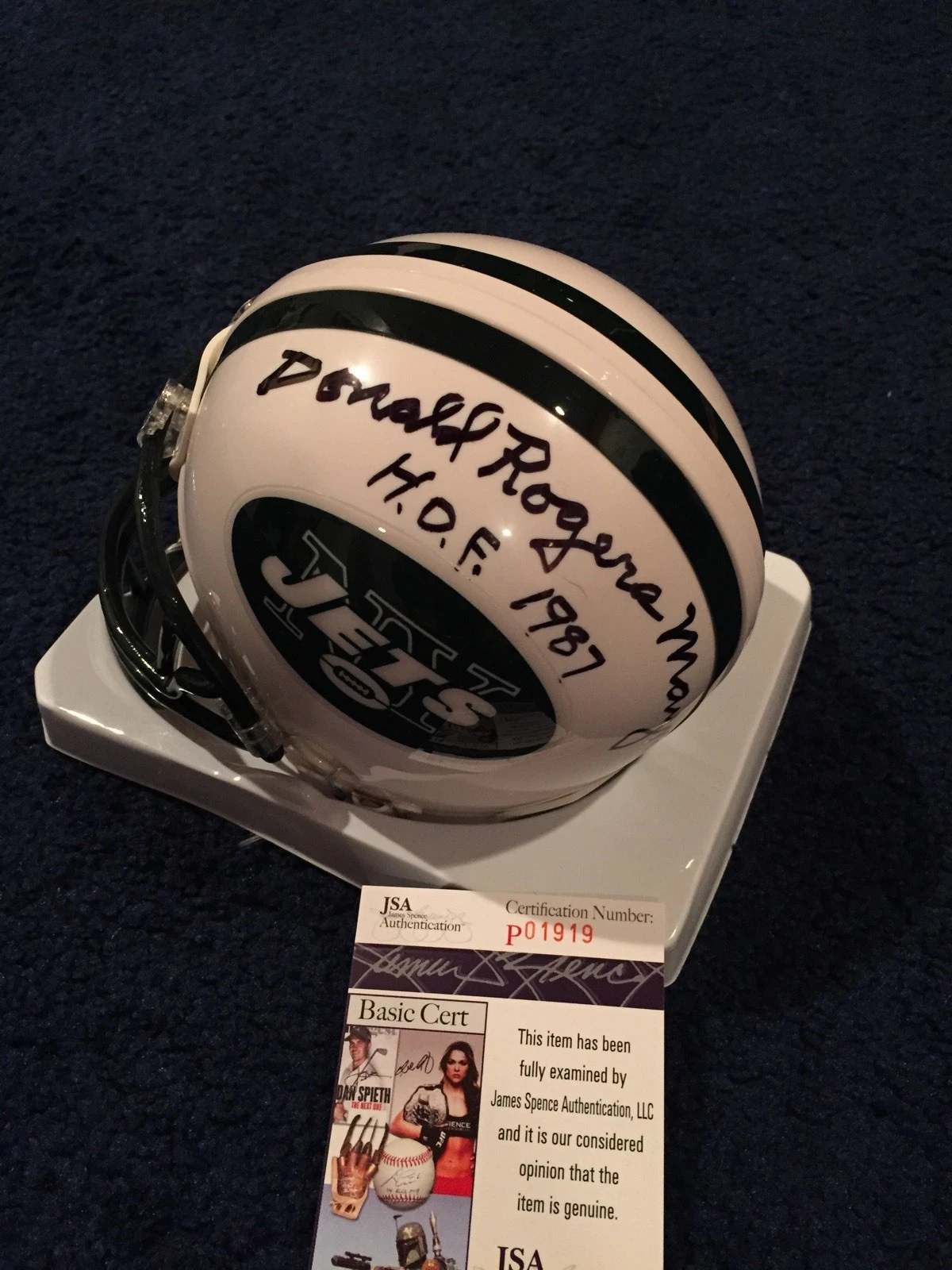 DONALD ROGERS MAYNARD SIGNED NEW YORK JETS MINI HELMET JSA RARE DON