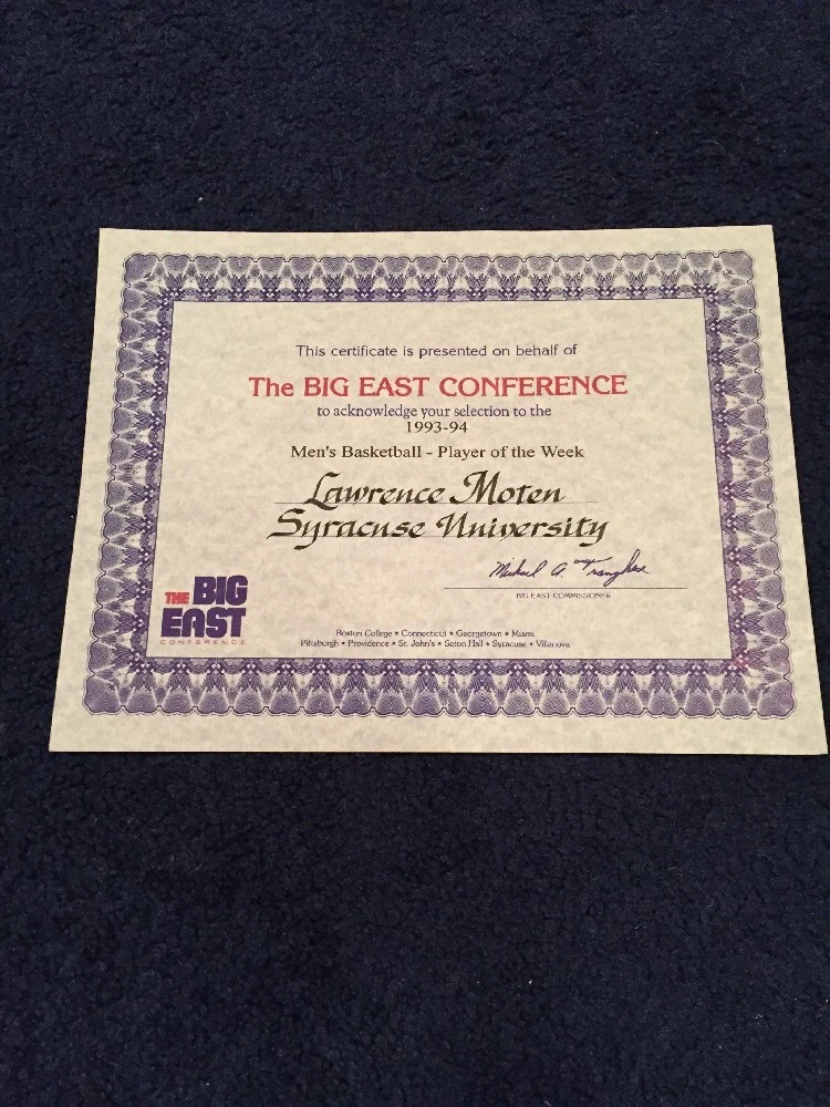 LAWRENCE MOTEN BIG EAST CONFERENCE PLAYER OF WEEK AWARD SYRACUSE BASKETBALL