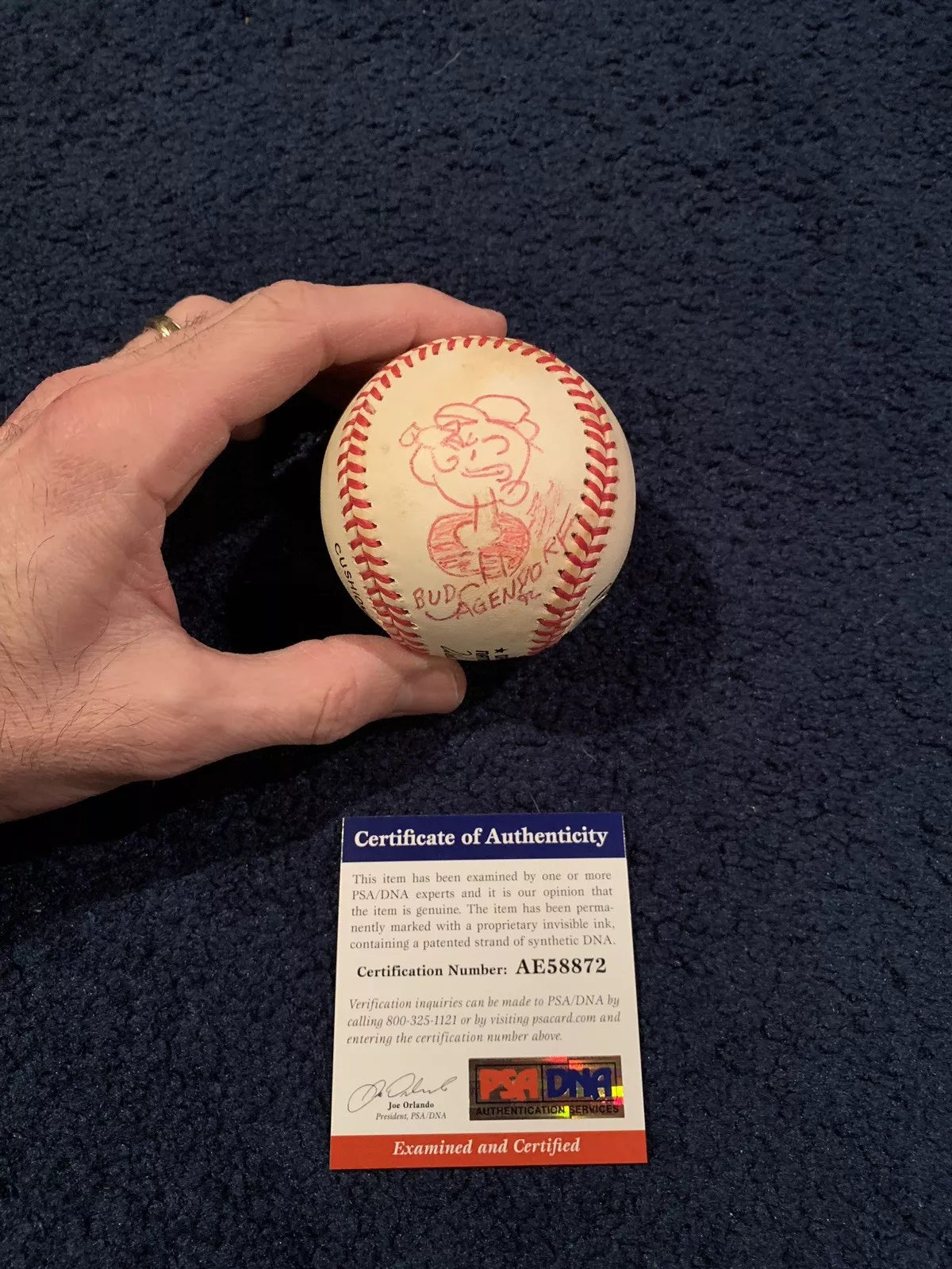 SUPER RARE BUD SAGENDORF POPEYE ORIGINAL ART ON OFFICIAL BASEBALL PSA WOW!