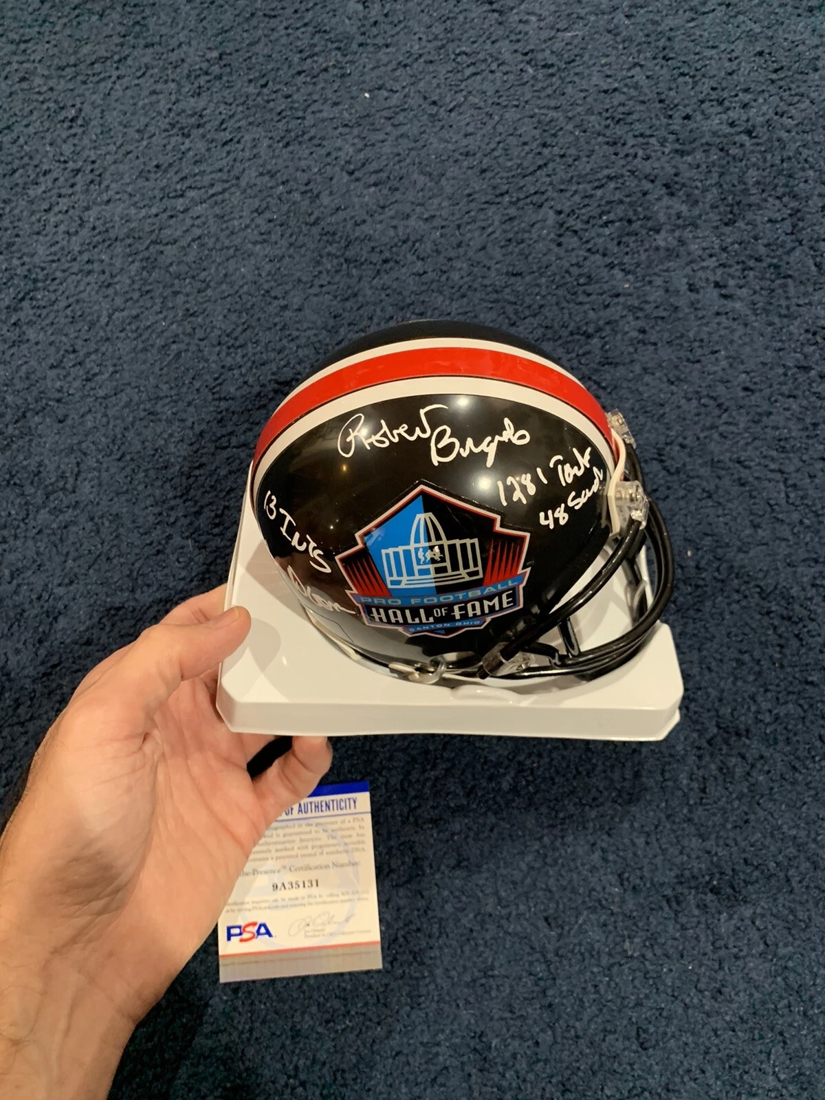 RARE Robert Brazile SIGNED HoF Oilers 4 Stat MINI HELMET HOF PSA WITNESS