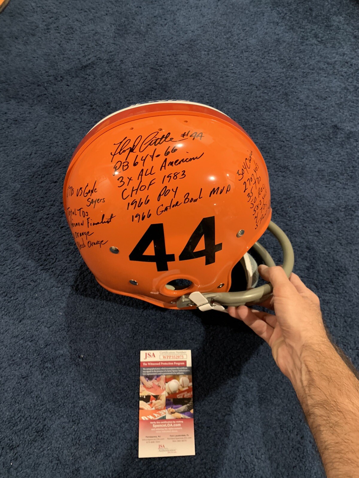 FLOYD LITTLE SIGNED F/S SYRACUSE DENVER CUSTOM STAT HELMET 39 INSCRIPTIONS JSA