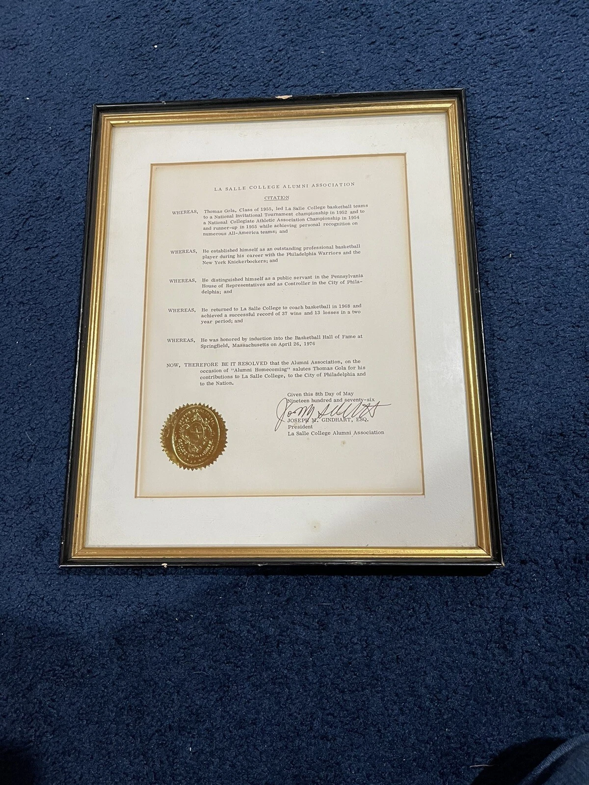 Personally Owned Tom Gola Award 1976 Lasalle College Salutation Award