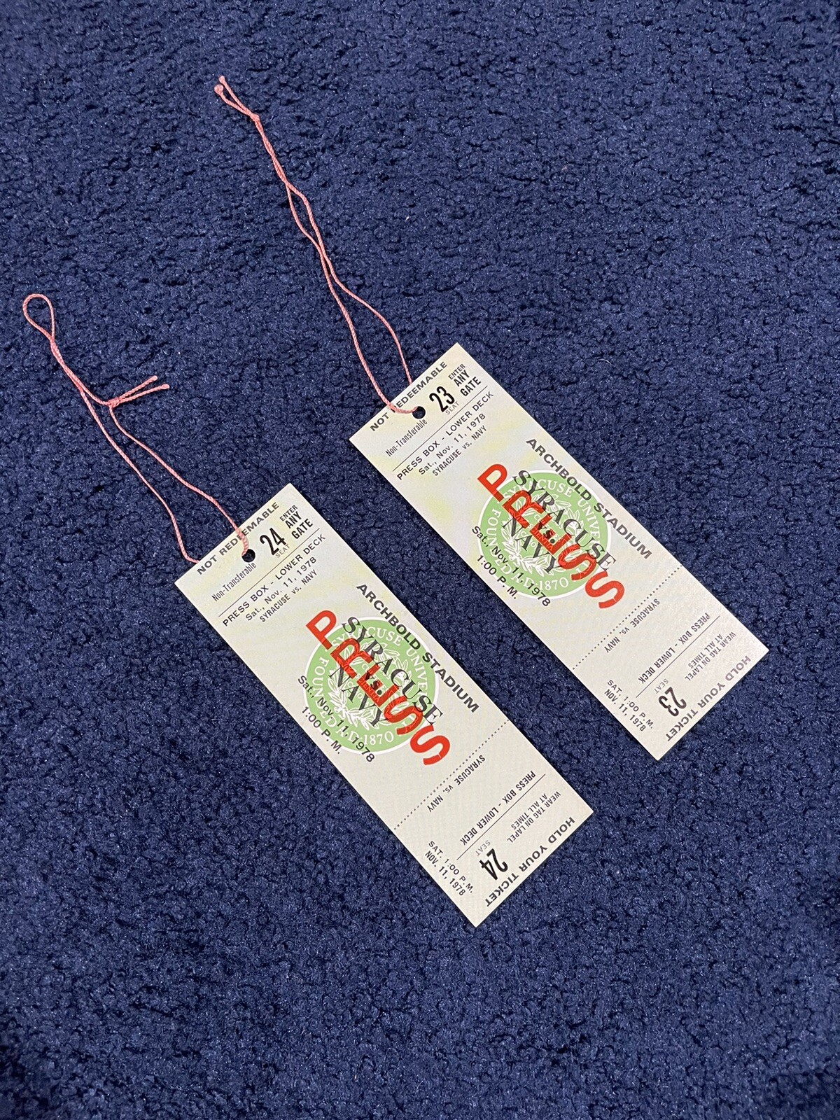 2 TICKETS SYRACUSE VS NAVY NOVEMBER 11, 1978 LAST GAME AT ARCHBOLD STADIUM WOW COLLECTIBLE MEMORABILIA