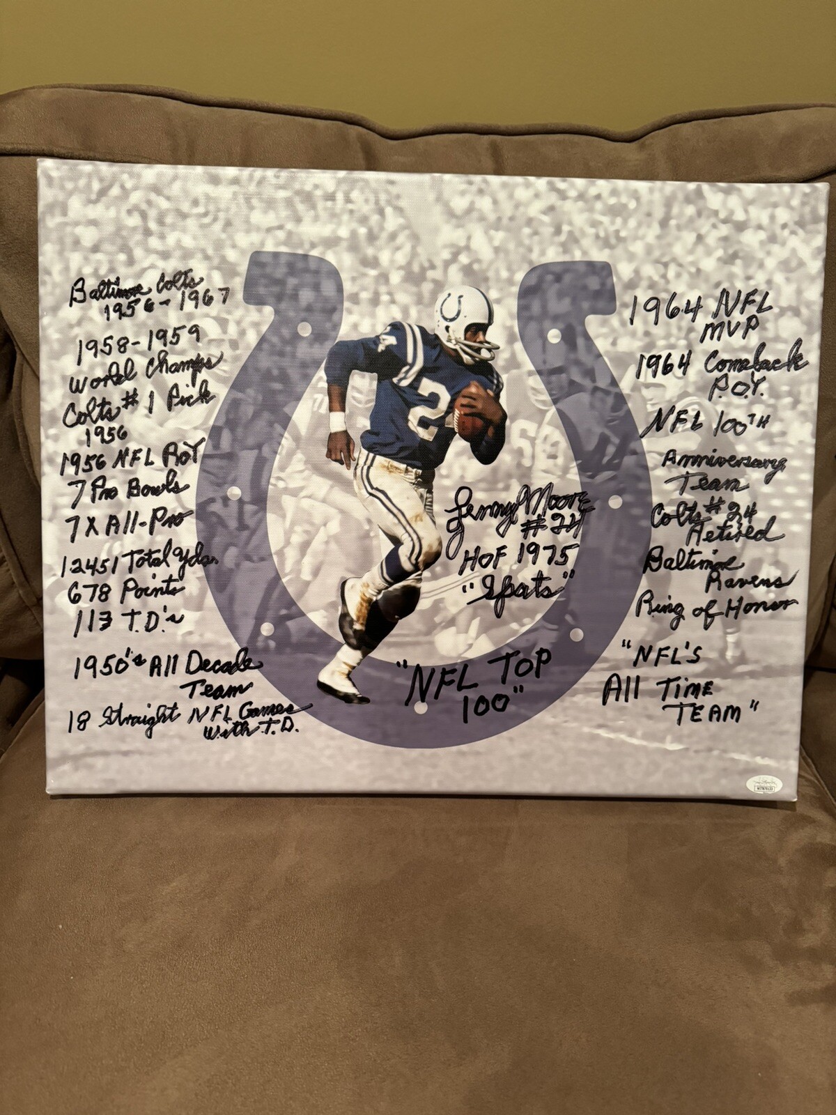 Lenny Moore SIGNED 16 By 20 Stat Canvas Baltimore Colts JSA 20 Inscriptions