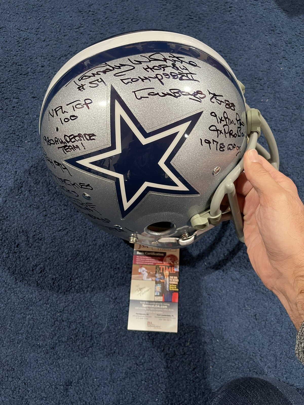 RARE RANDY WHITE SIGNED COWBOYS CUSTOM TK STAT HELMET JSA 15 INSCRIPTIONS