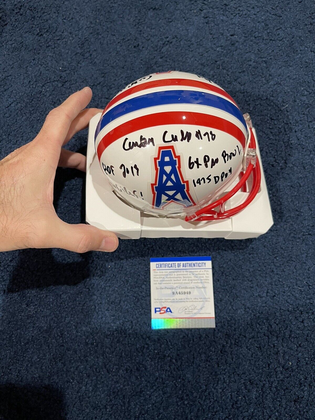 RARE Curley Culp SIGNED Oilers 9 Stat MINI HELMET HOF PSA WITNESS Signed Twice