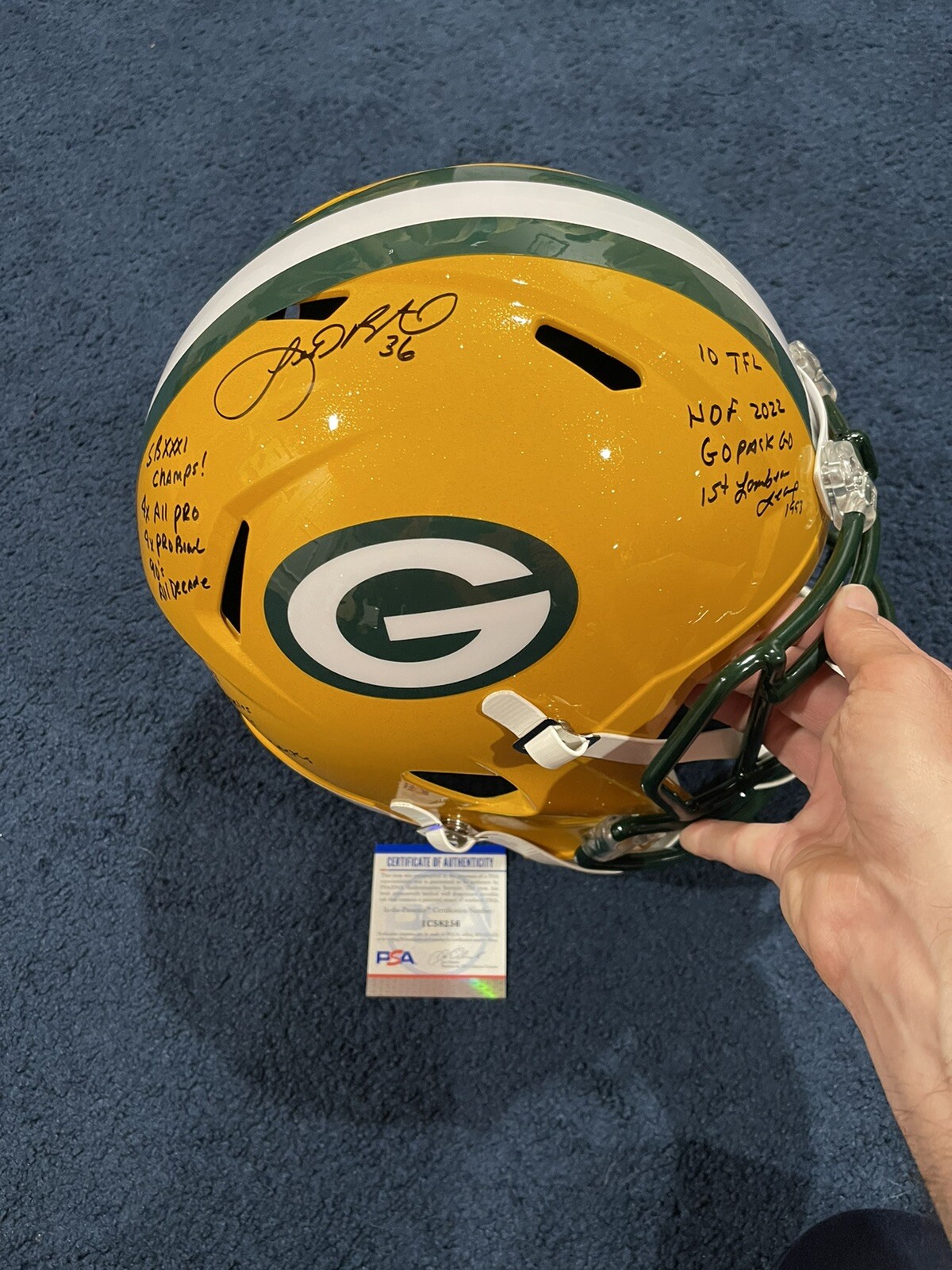 Leroy Butler SIGNED Green Bay Packers F/S STAT HELMET 12 INSCRIPTIONS PSA W Hof!
