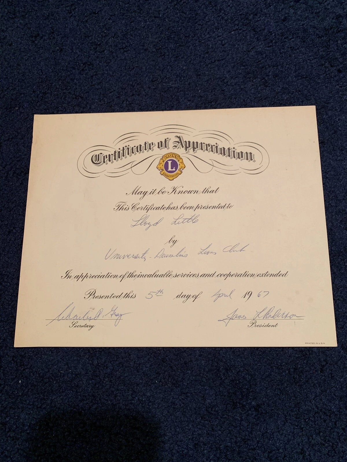 PERSONALLY OWNED FLOYD LITTLE LIONS CLUB APPRECIATION AWARD 1967 Broncos!