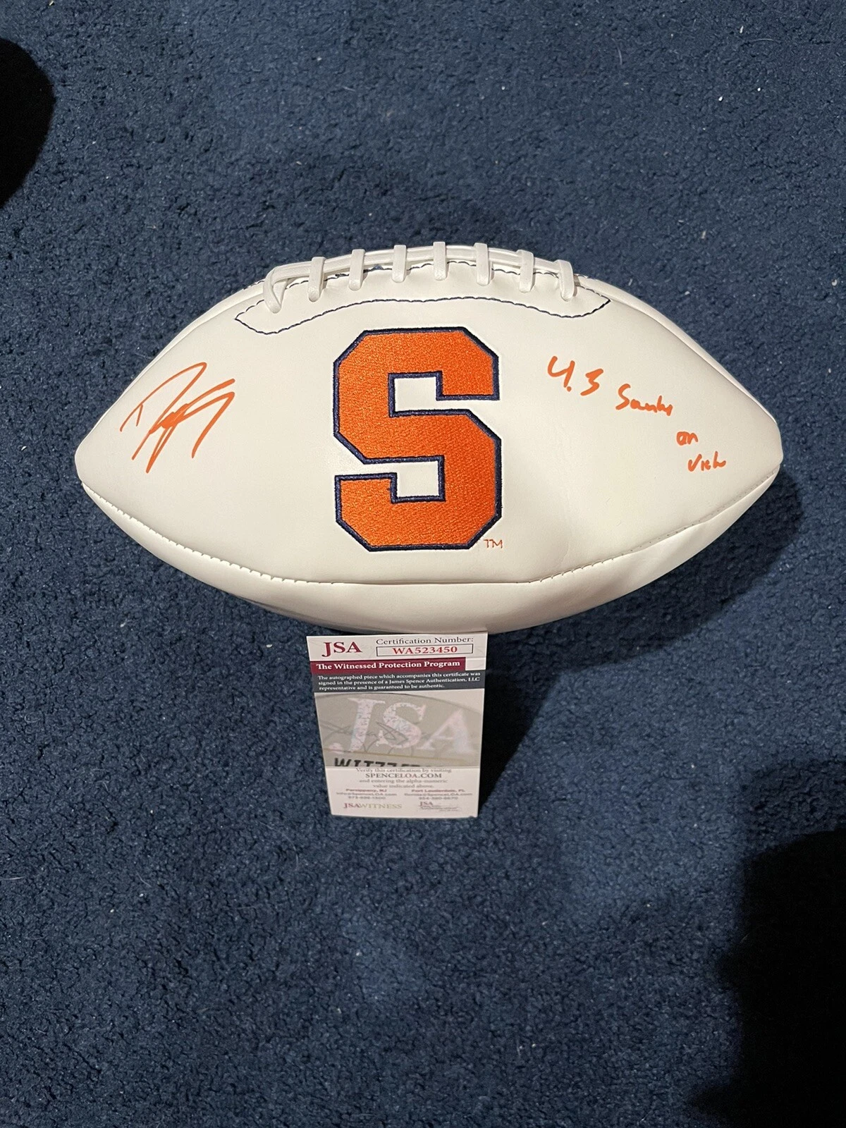Dwight Freeney Signed F/S Syracuse Logo Football JSA 4.5 Sacks on Vick Insc