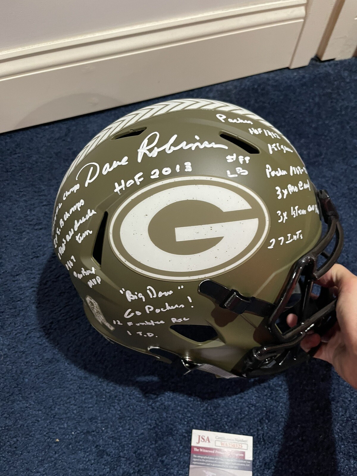 Dave Robinson SIGNED Packers Salute to Service STAT HELMET 17 INSCRIPTIONS JSA W