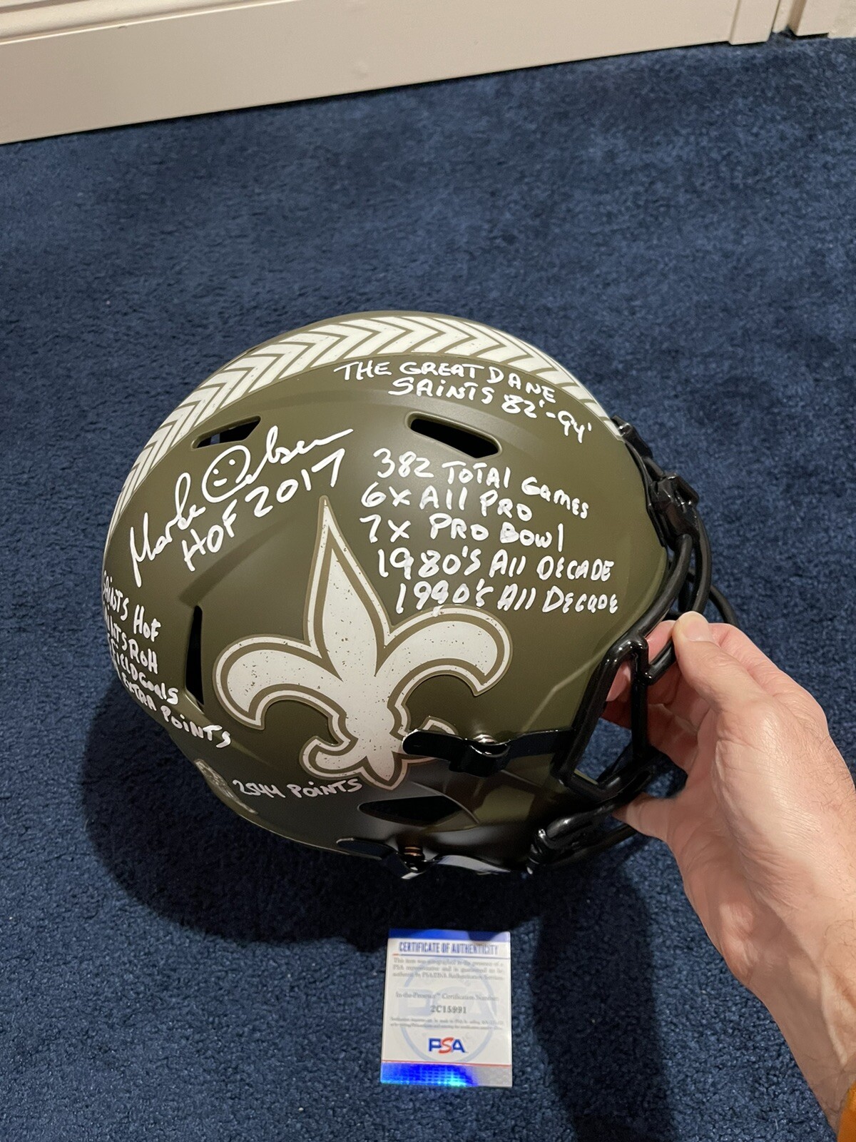 Morten Anderson SIGNED Saints Salute to Service STAT HELMET 13 INSCRIPTIONS PSA