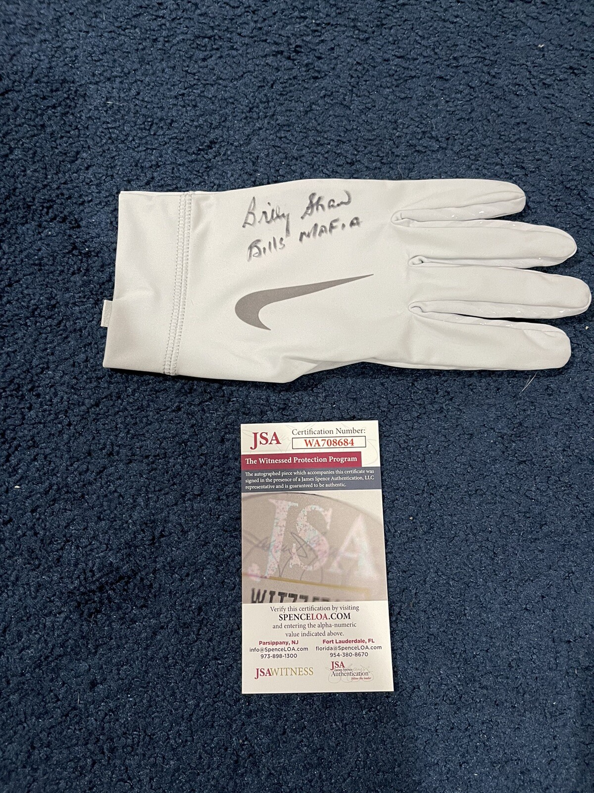 BILLY SHAW SIGNED AUTOGRAPHED NIKE FOOTBALL GLOVE JSA BUFFALO BILLS MAFIA COLLECTIBLE MEMORABILIA