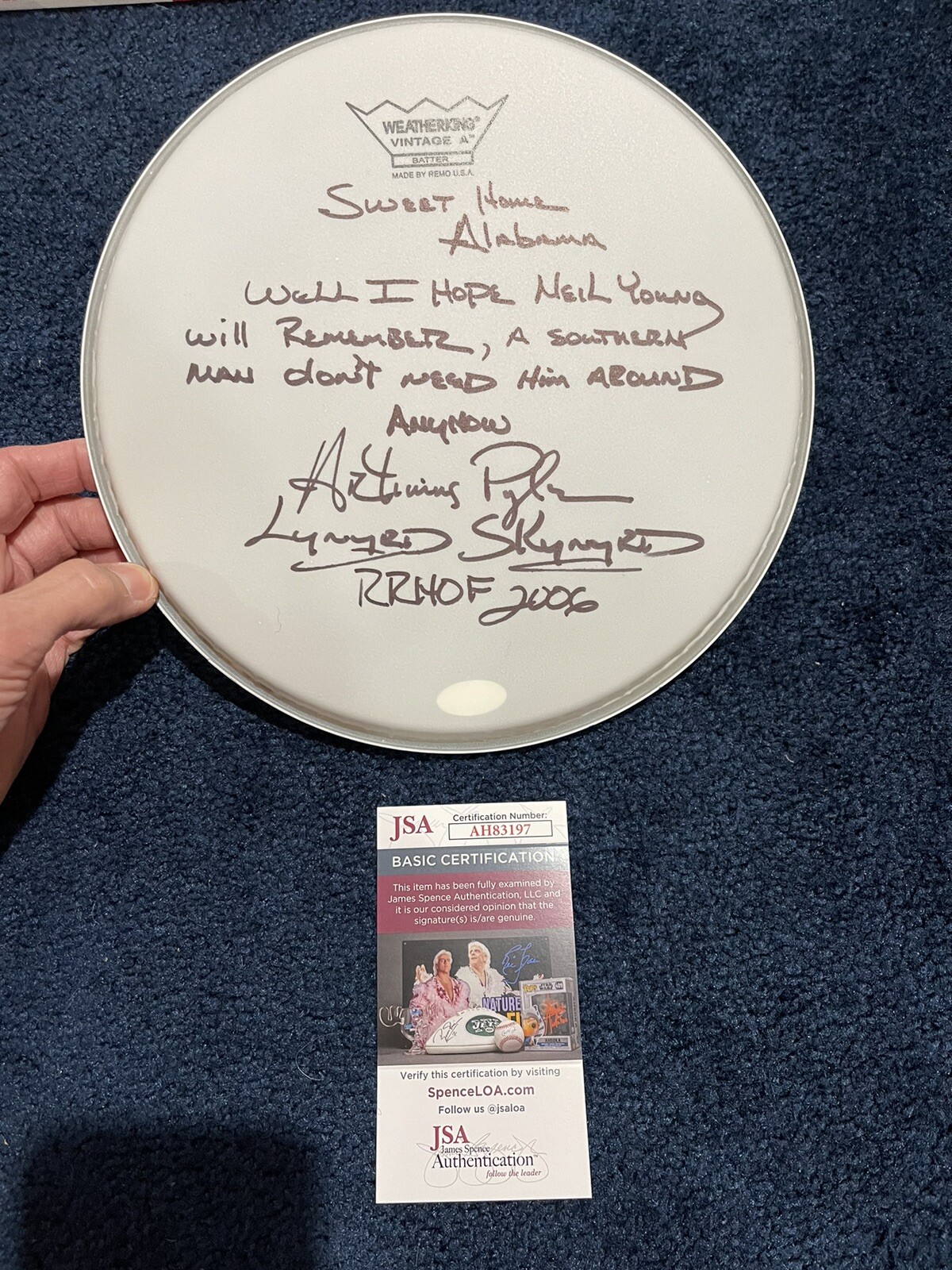 ARTIMUS PYLE LYNYRD SKYNYRD SIGNED DRUM HEAD W/ SWEET HOME ALABMA LYRICS JSA COLLECTIBLE MEMORABILIA