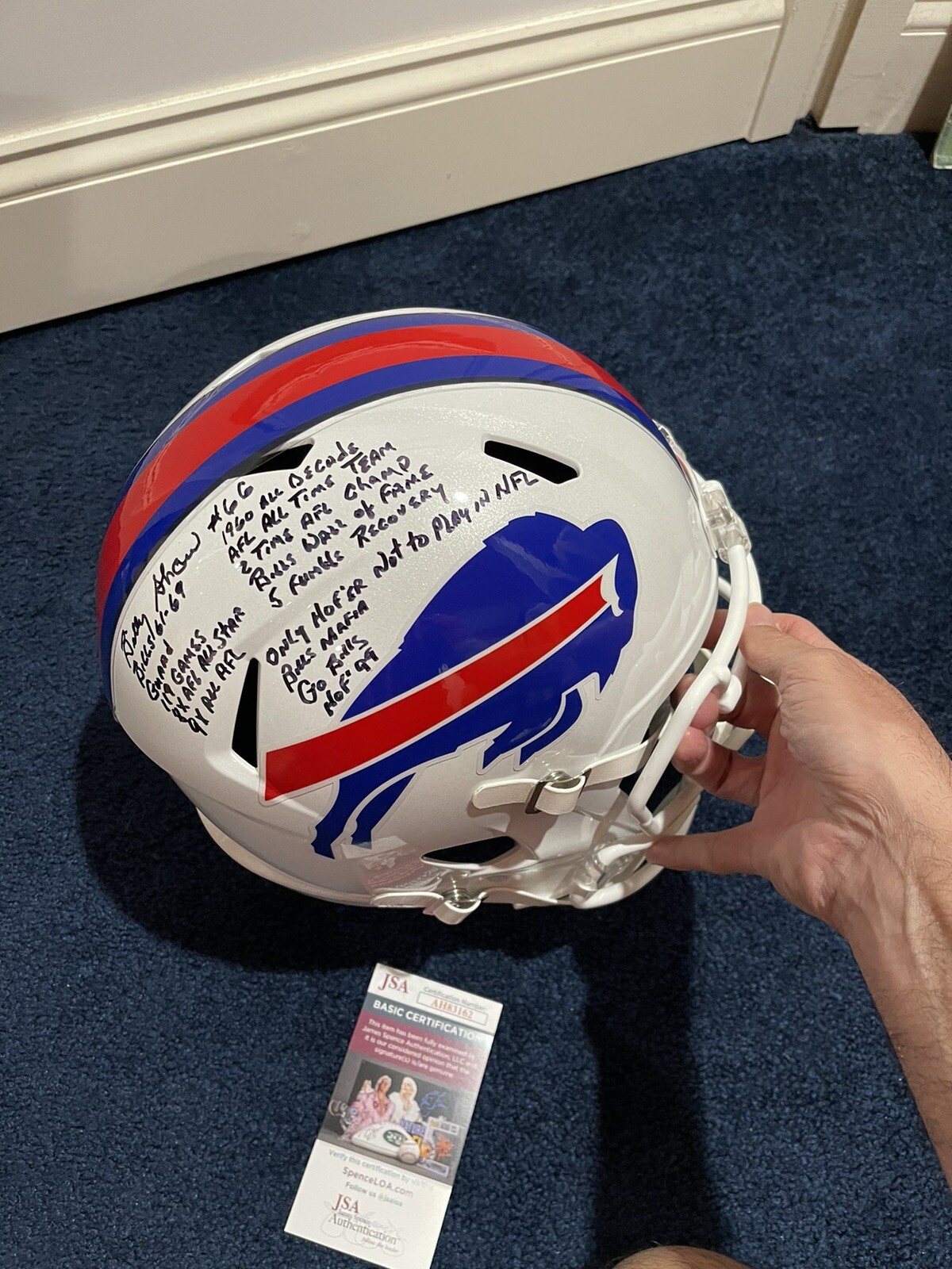 Billy Shaw SIGNED Buffalo Bills STAT RIDDELL HELMET JSA 14 INSCRIPTIONS