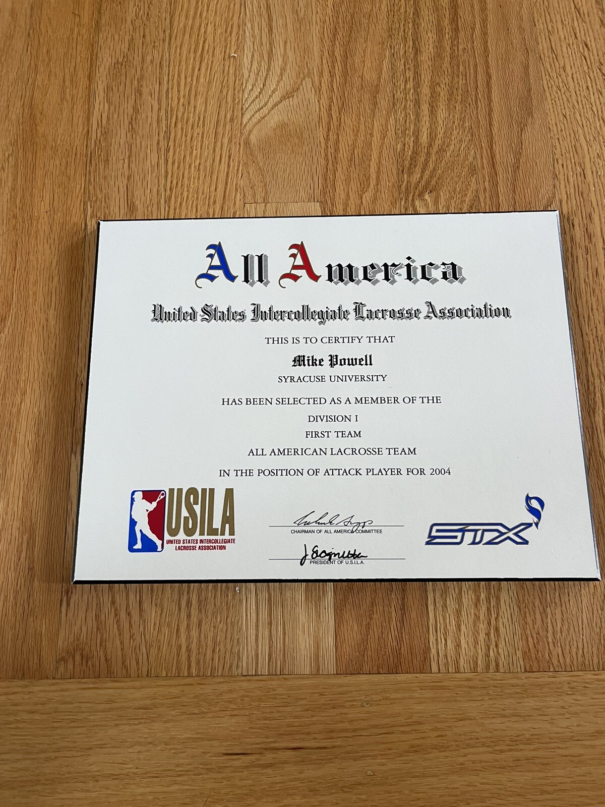 Mike Powell 2004 USILA Lacrosse First Team All American Award Syracuse