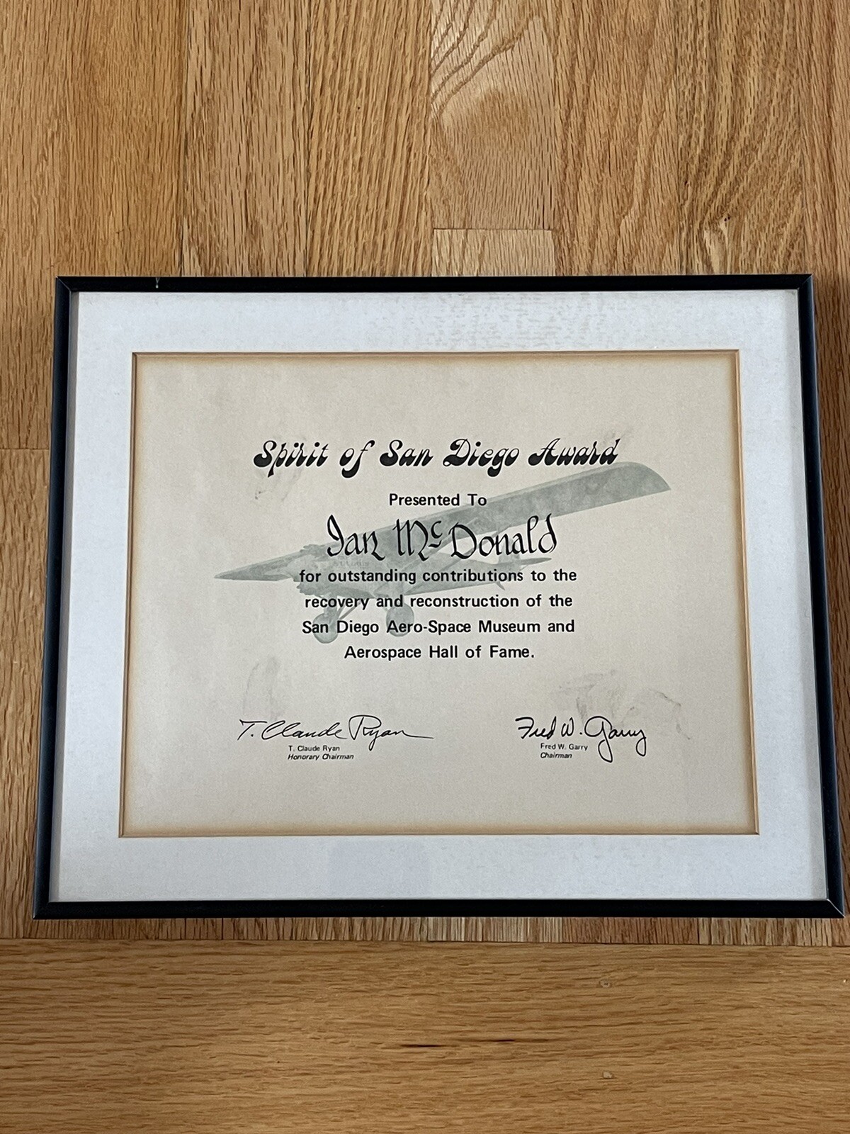 Personally Owned Ian McDonald Spirit of San Diego Award From Estate Foreigner