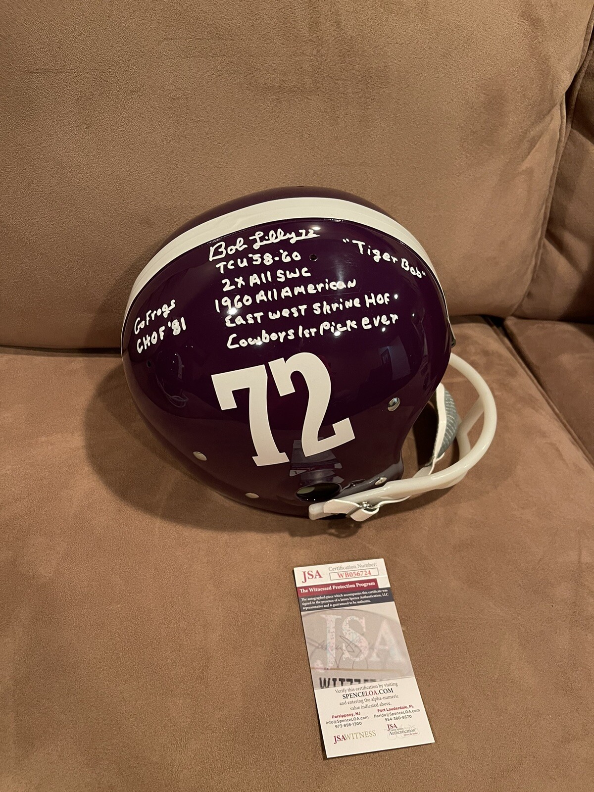 RARE Bob Lilly SIGNED TCU HORNED FROGS STAT TK HELMET JSA 8 INSCRIPTIONS Cowboys