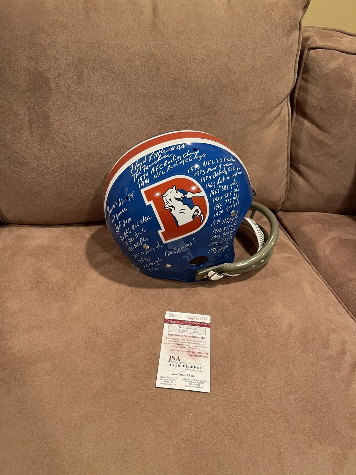 FLOYD LITTLE SIGNED DENVER BRONCOS F/S TK STAT HELMET 27 INSCRIPTIONS JSA W