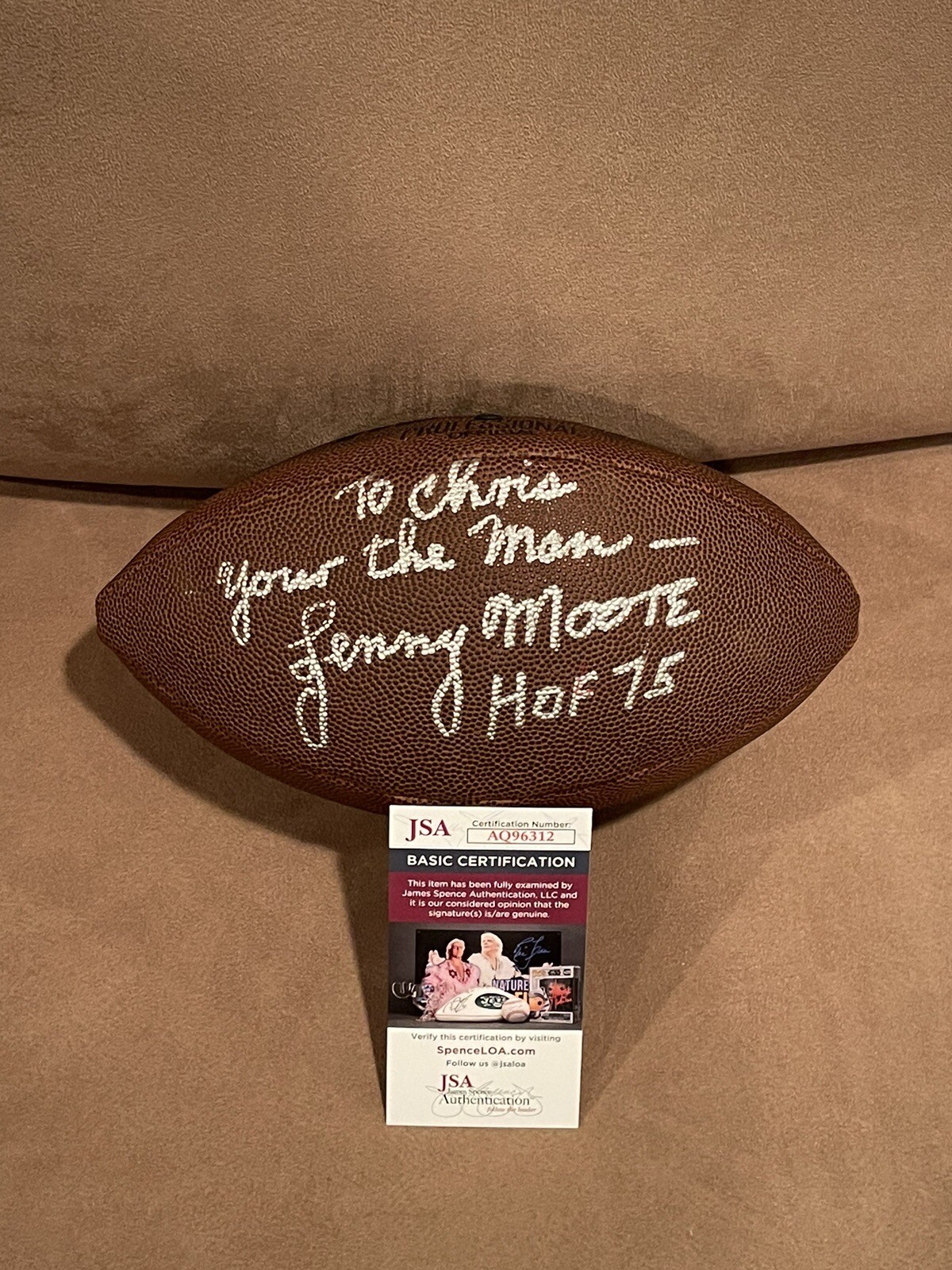 Lenny Moore Signed Full Size Football, JSA, To Chris Your The Man!
