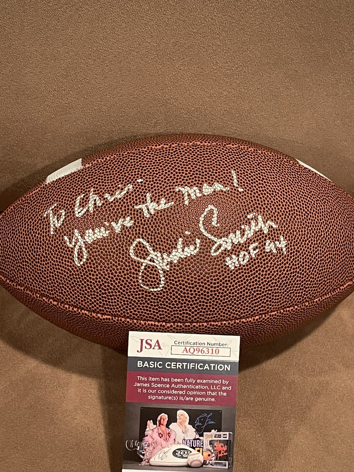 Jackie Smith Signed Full Size Football, JSA, To Chris You’re The Man