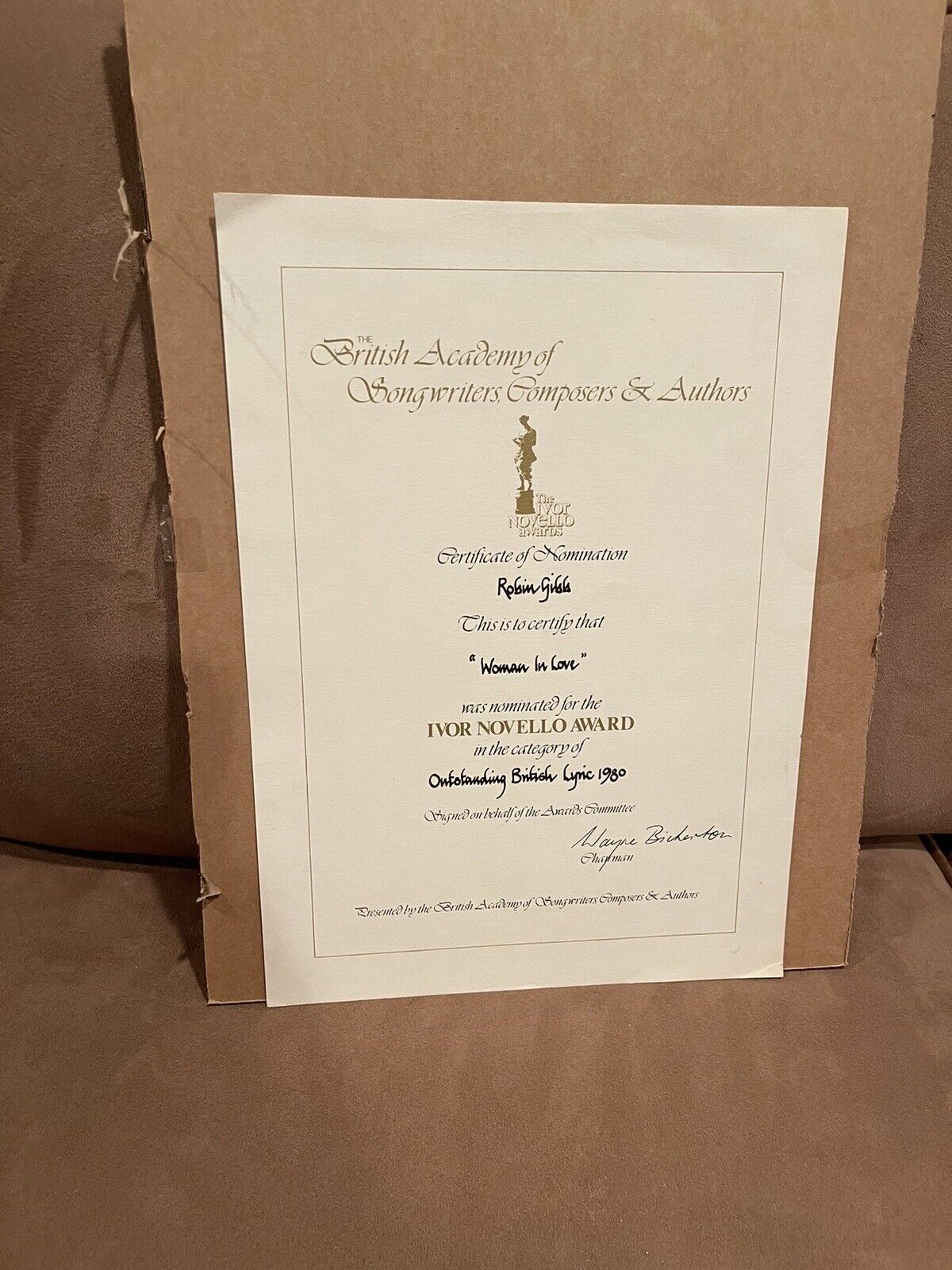 Personally Owned Robin Gibb British Academy of Songwriters Award Woman in Love