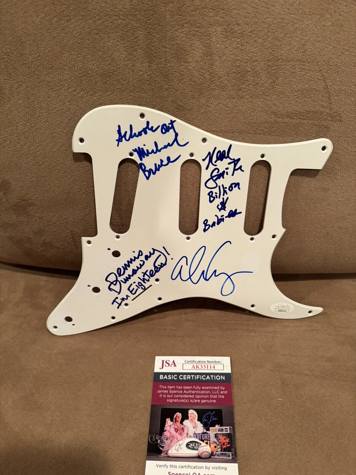 Alice Cooper Signed Fender Strat Guard by 4 Bruce, Smith, Dunaway JSA w/ Lyrics