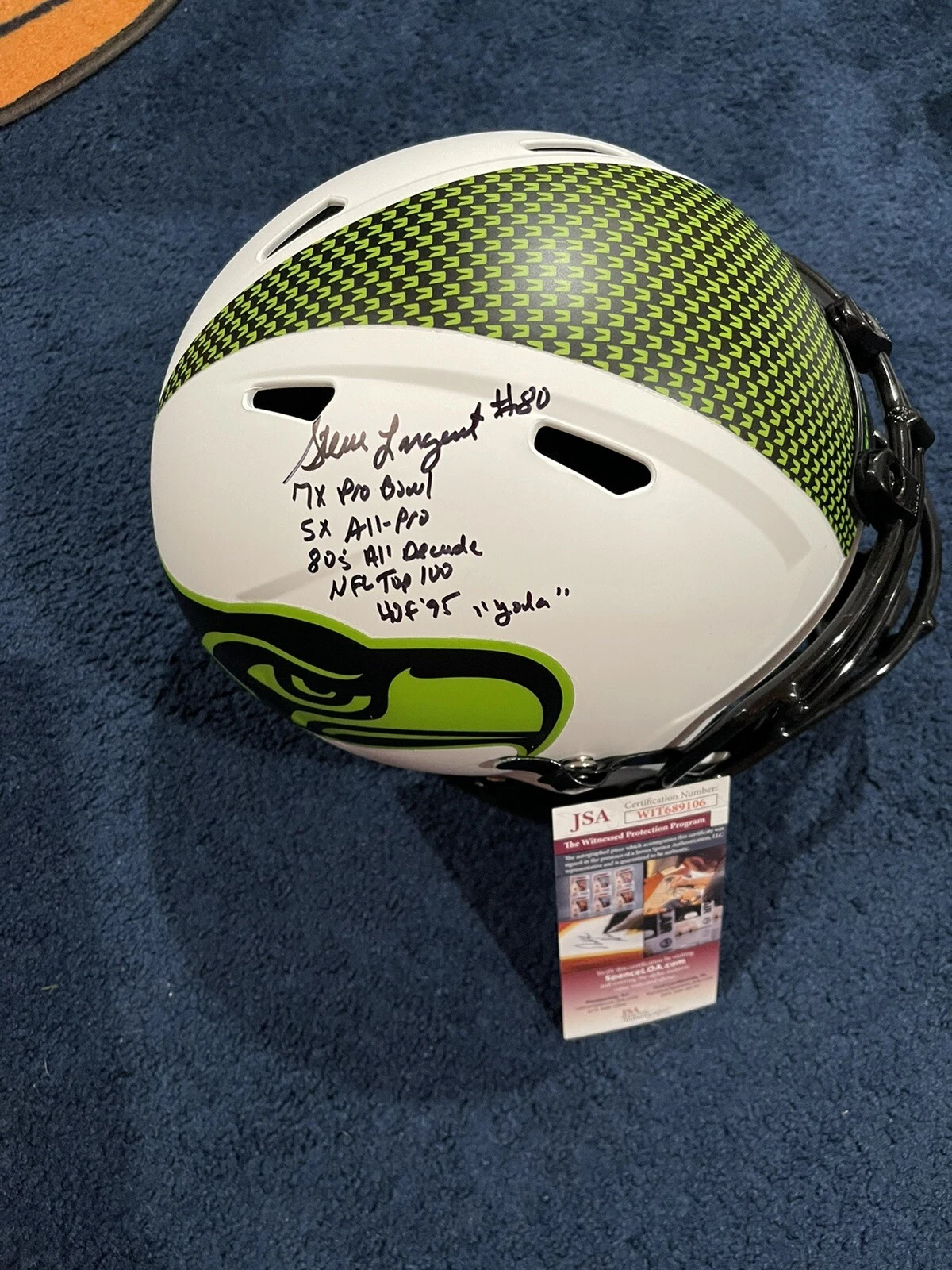 Steve Largent SIGNED Seahawks Lunar Eclipse STAT HELMET JSA 6 INSC. Exact Proof