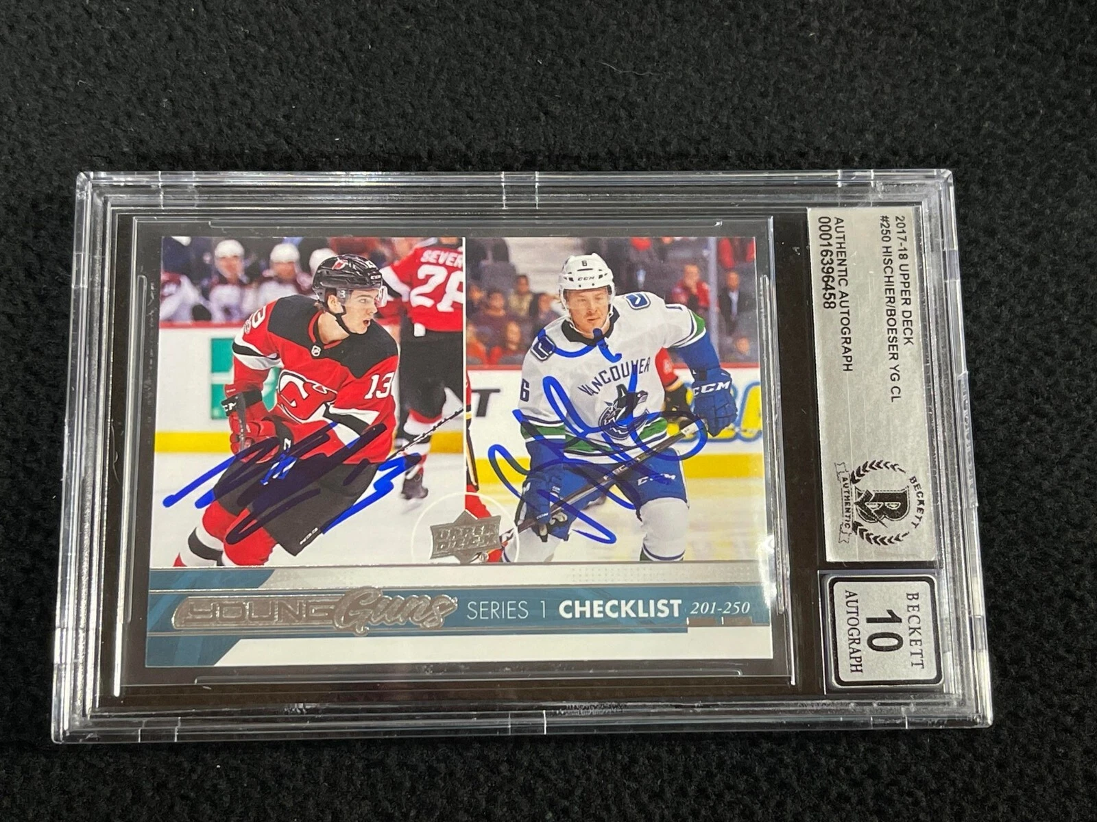 Nico Hischier Brock Boeser Signed 2017-18 Upper Deck YG Card #250 Beckett 10 Aut