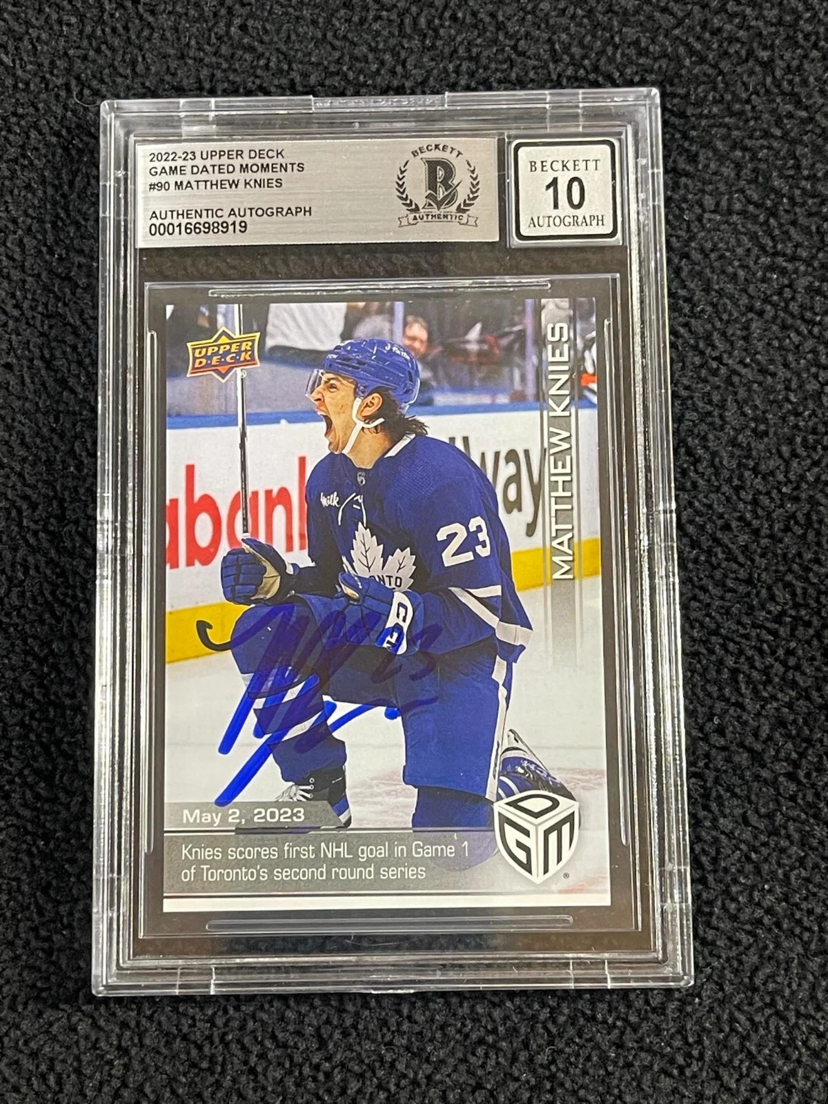 Matthew Knies Signed 2023-24 UD Game-Dated Moments RC Card #222 Beckett 10 Auto