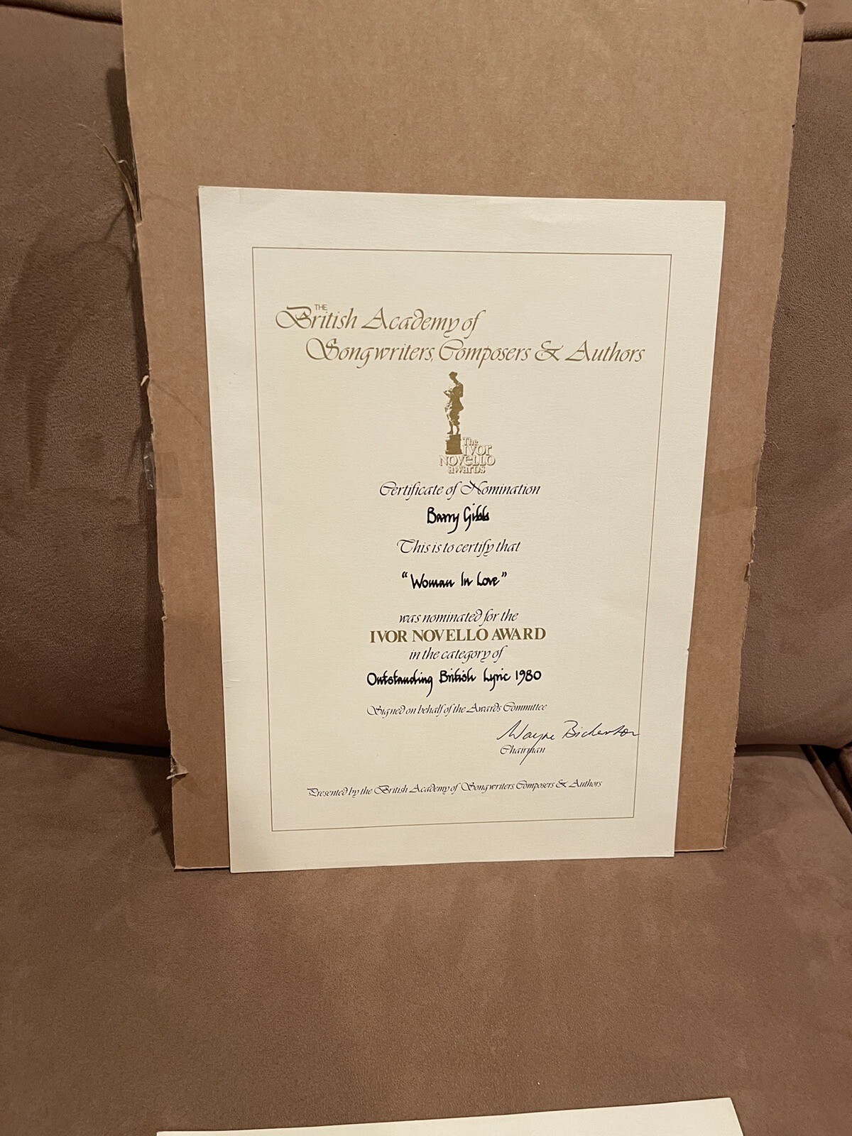 Personally Owned Barry Gibb British Academy of Songwriters Award Woman in Love