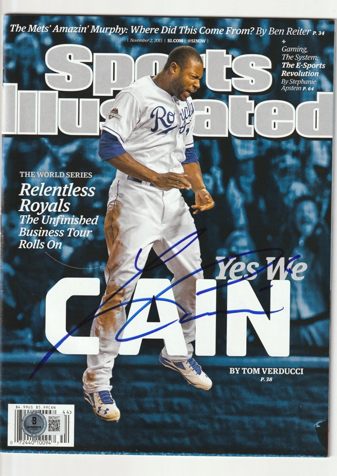 LORENZO CAIN Signed 11/2/15 SPORTS ILLUSTRATED Beckett Auth (BAS) NO LABEL!