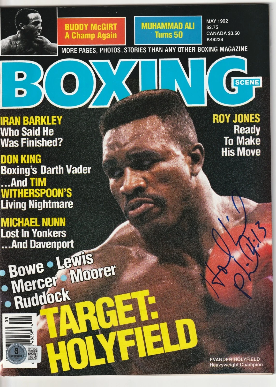 EVANDER HOLYFIELD Signed 5/92 BOXING SCENE Beckett Auth (BAS)