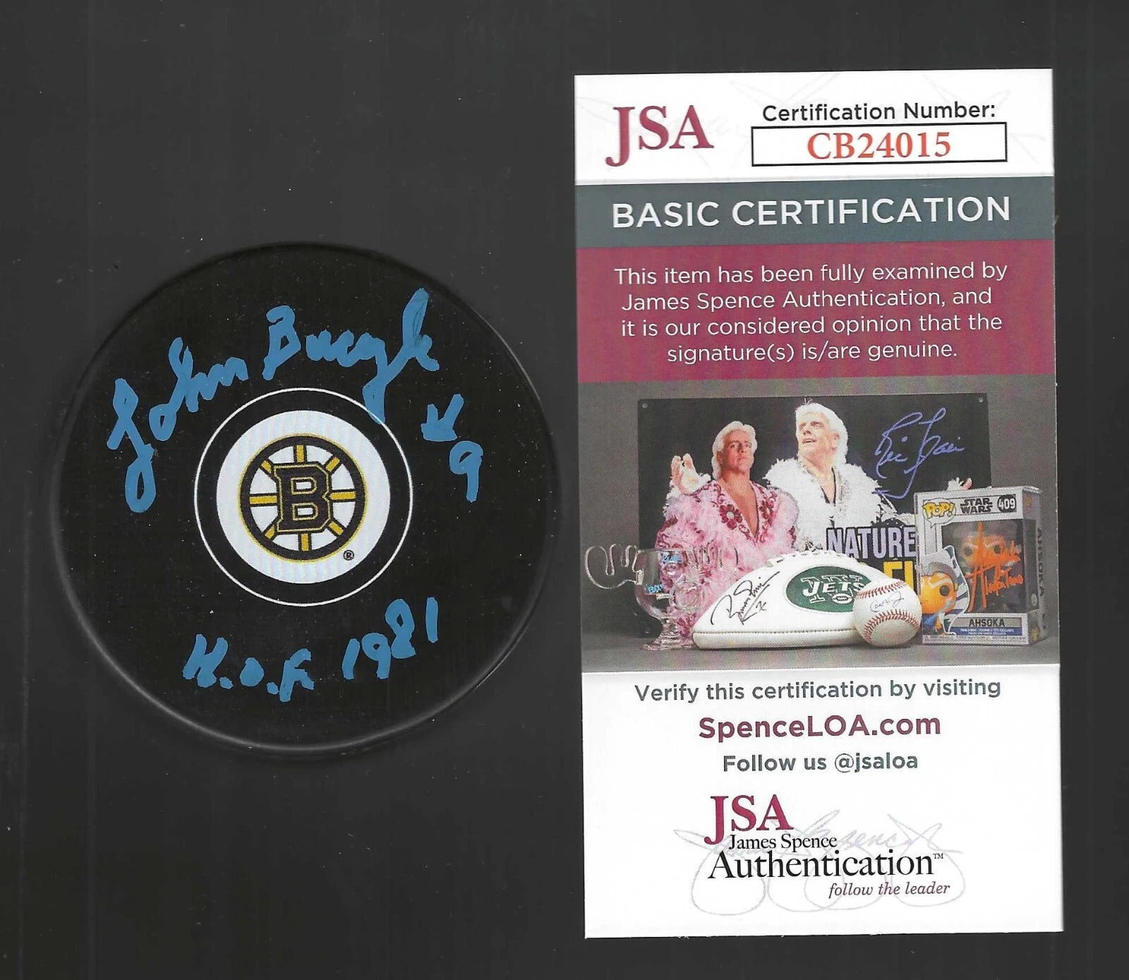 John Bucyk Signed & Inscribed Boston Bruins Puck JSA COA